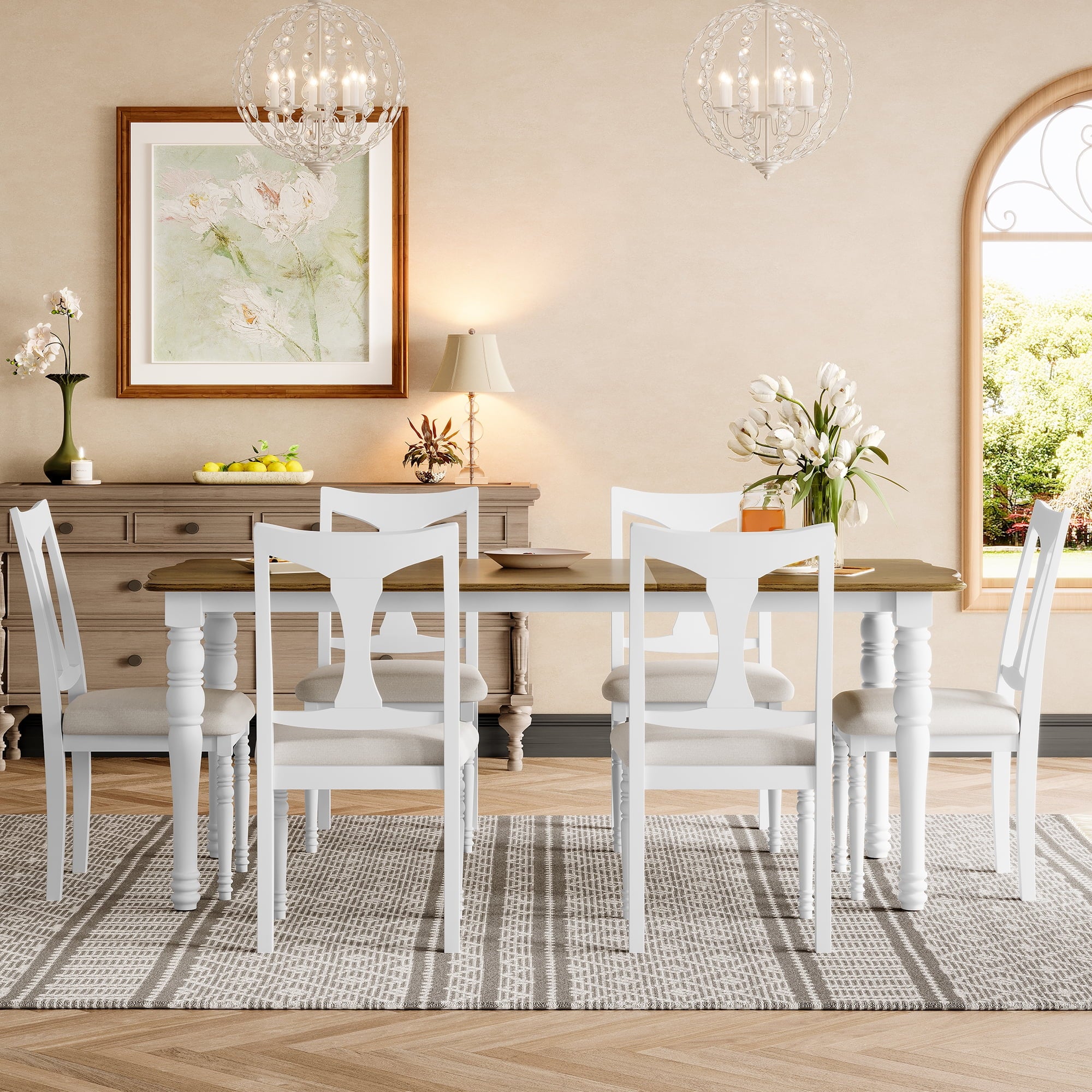 Harper & Bright Designs 7 Pieces Retro Dining Set for 6, Wood Rectangular Table with Designed Trestle Base and 6 Upholstered Chairs for Dining Room and Kitchen, Grey