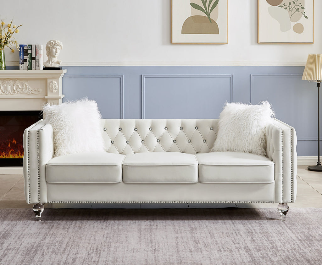 Gewnee 86.6 Modern Sofa Couch,Teddy Velvet 3 Seaters Comfy Couch with Deep Seat for Living Room,2 Pillows,Beige