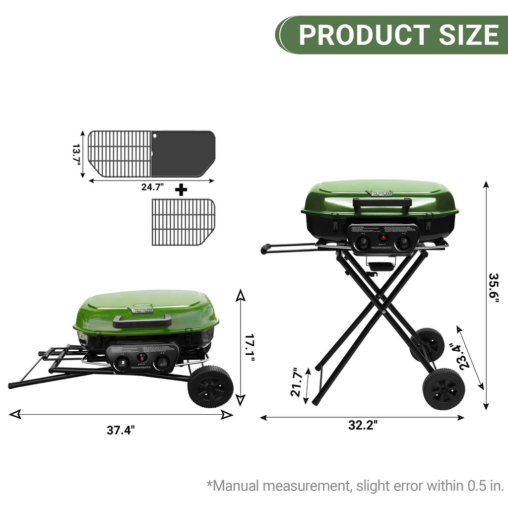 Brand Man Portable 2-Burner Camping Propane Gas Grill, Enameled Foldable BBQ with Griddle for Outdoor Cooking, Green