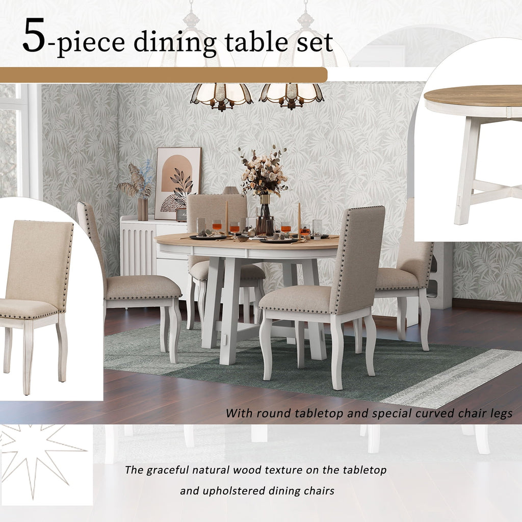 Harper & Bright Designs Extendable Dining Table Set for 4 Upholstered Chairs Functional Retro Style Table for Dining Room Kitchen, Natural Wood Wash