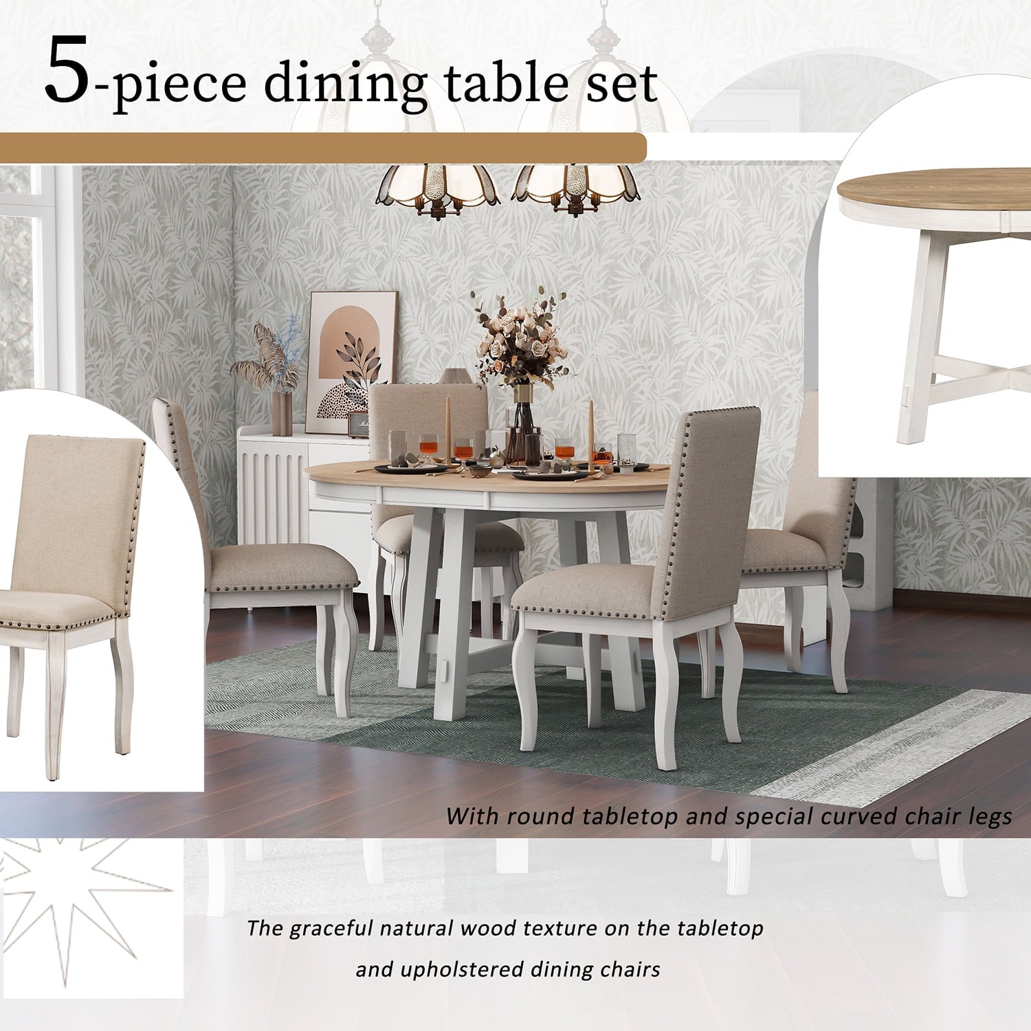 Harper & Bright Designs Extendable Dining Table Set for 4 Upholstered Chairs Functional Retro Style Table for Dining Room Kitchen, Natural Wood Wash