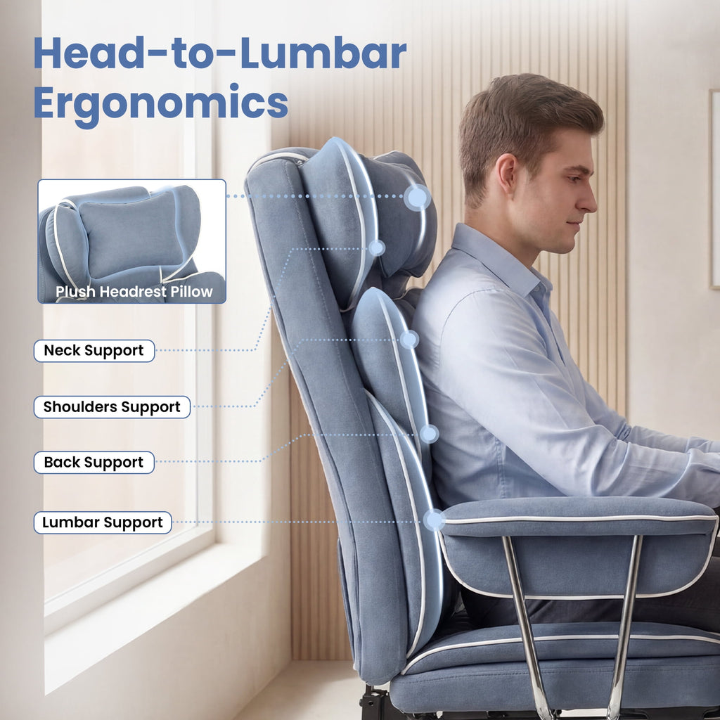 CELTOSS Executive Office Chair 400LBS, High Back Computer Chair with Arms and Footrest, Ergonomic Desk Chair with Lumbar Support, 90–135° Reclining Office Chairs for Home Work, Fabric Blue