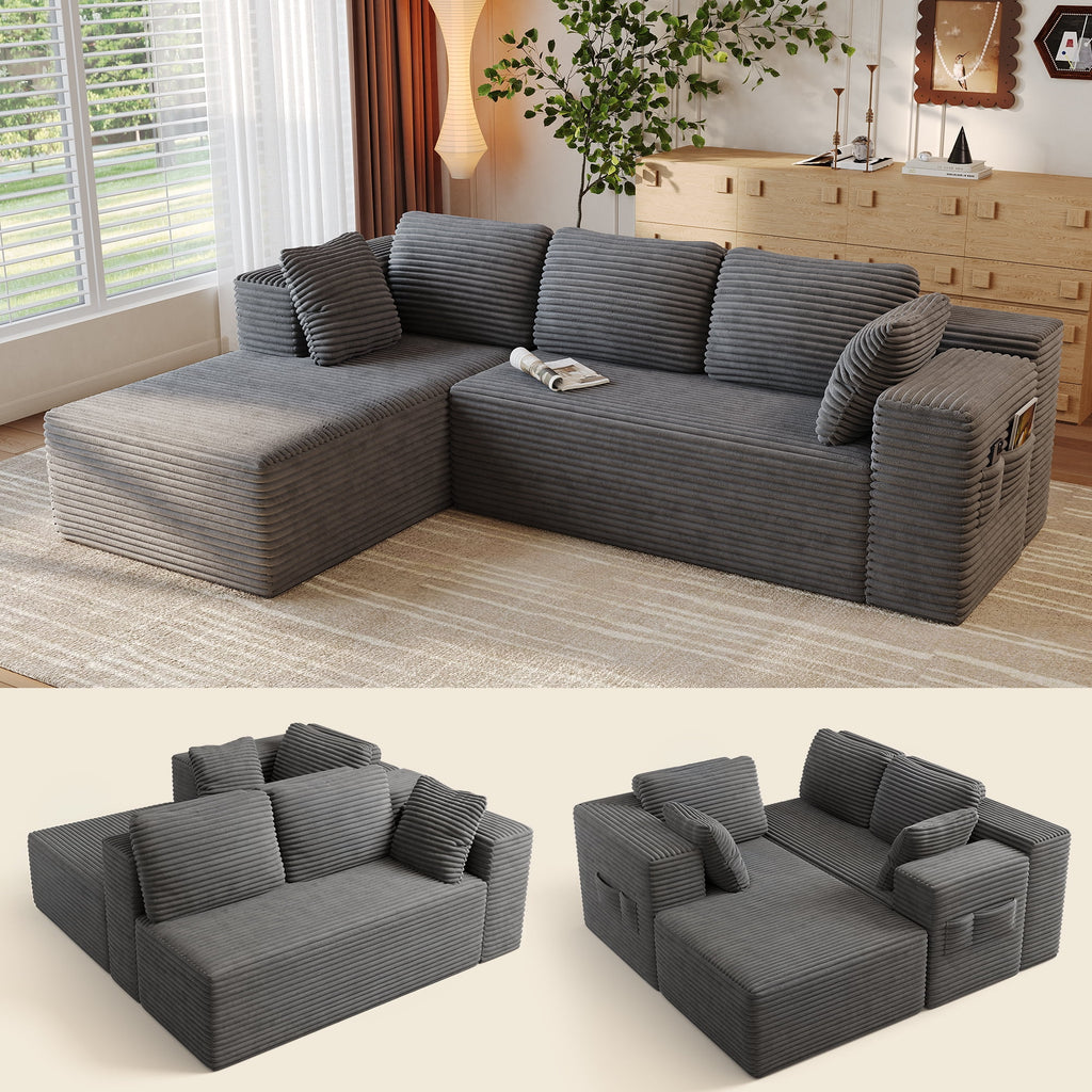 Sofa, Lofka 105 Free Assembly L-Shaped Sectional with Pet Friendly Corduroy Fabric, Black for Living Room/Apartment