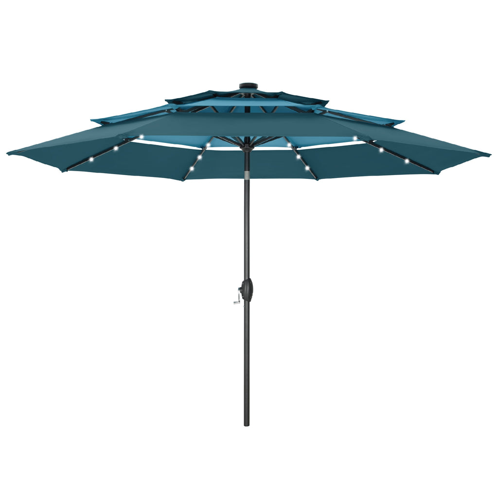 Summit Living 10ft Patio Umbrella with Solar Lights 3-Tier Vented Outdoor Market Umbrella with Auto-Tilt – Beige