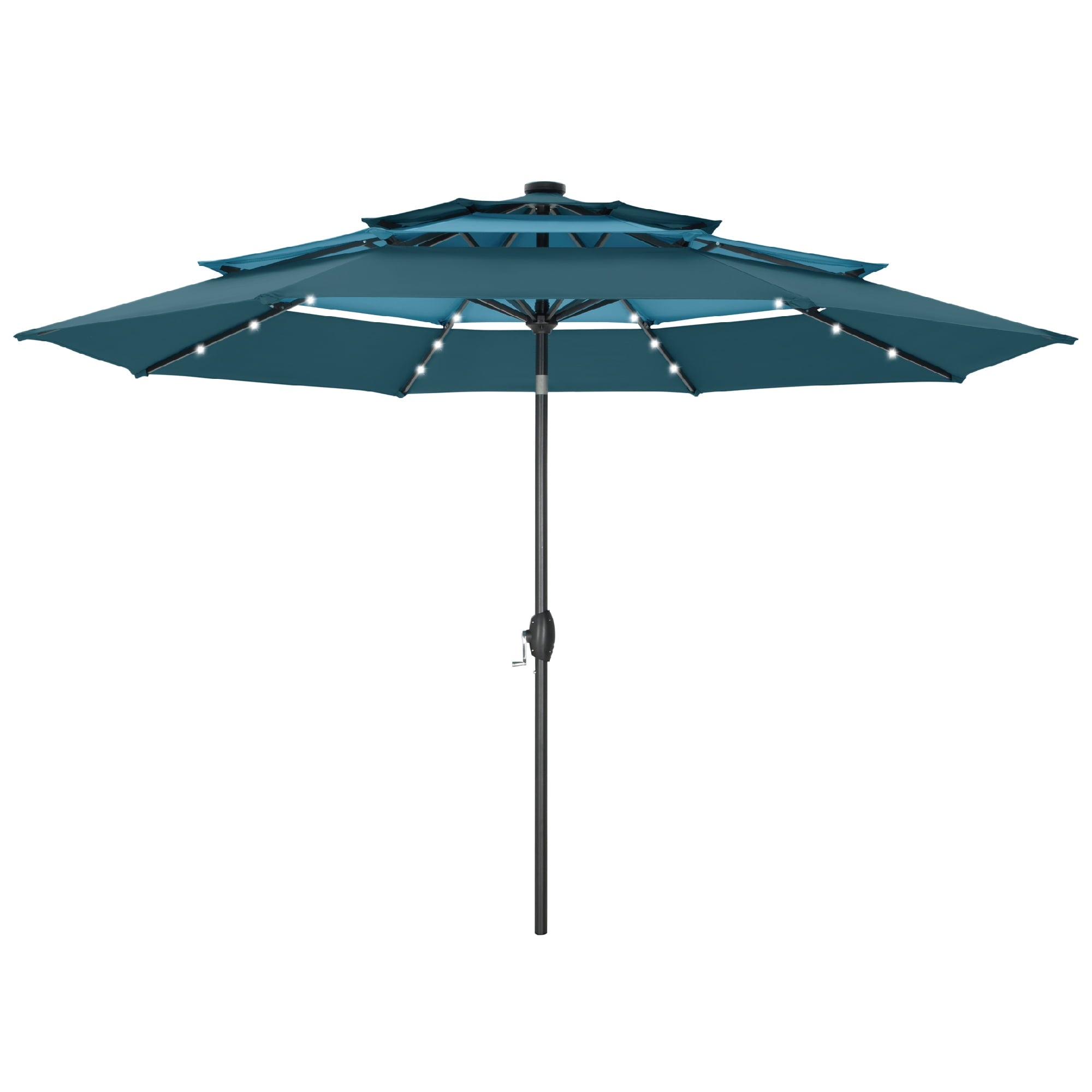 Summit Living 10ft Patio Umbrella with Solar Lights 3-Tier Vented Outdoor Market Umbrella with Auto-Tilt – Beige