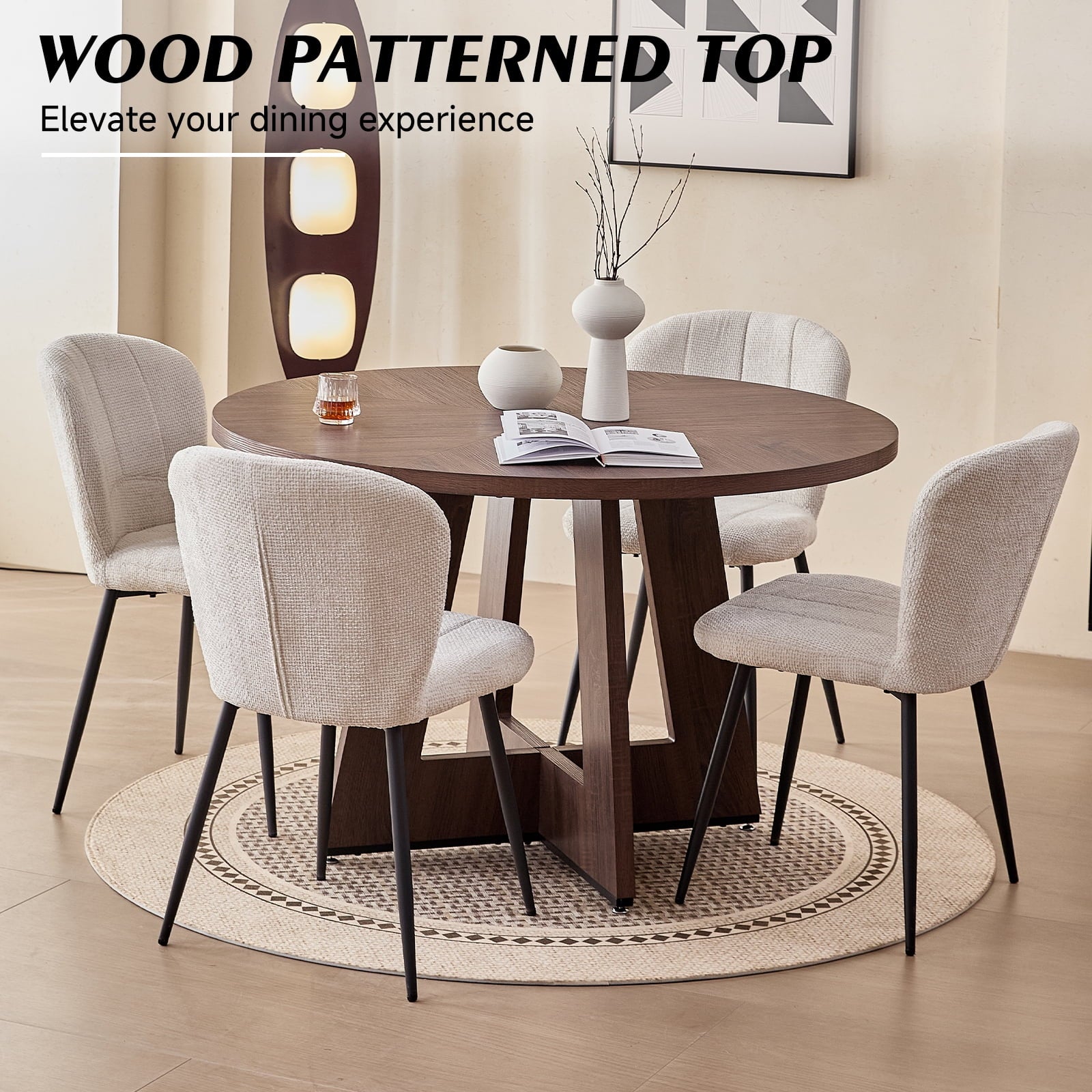5 Piece 47'' Round Dining Table Chairs Set for 4, Farmhouse Oak Kitchen Table with 4 Boucle Mid Century Modern Dinning Room Chairs, Wood Dinner Table &Upholstered Chair Set of 4, Beige