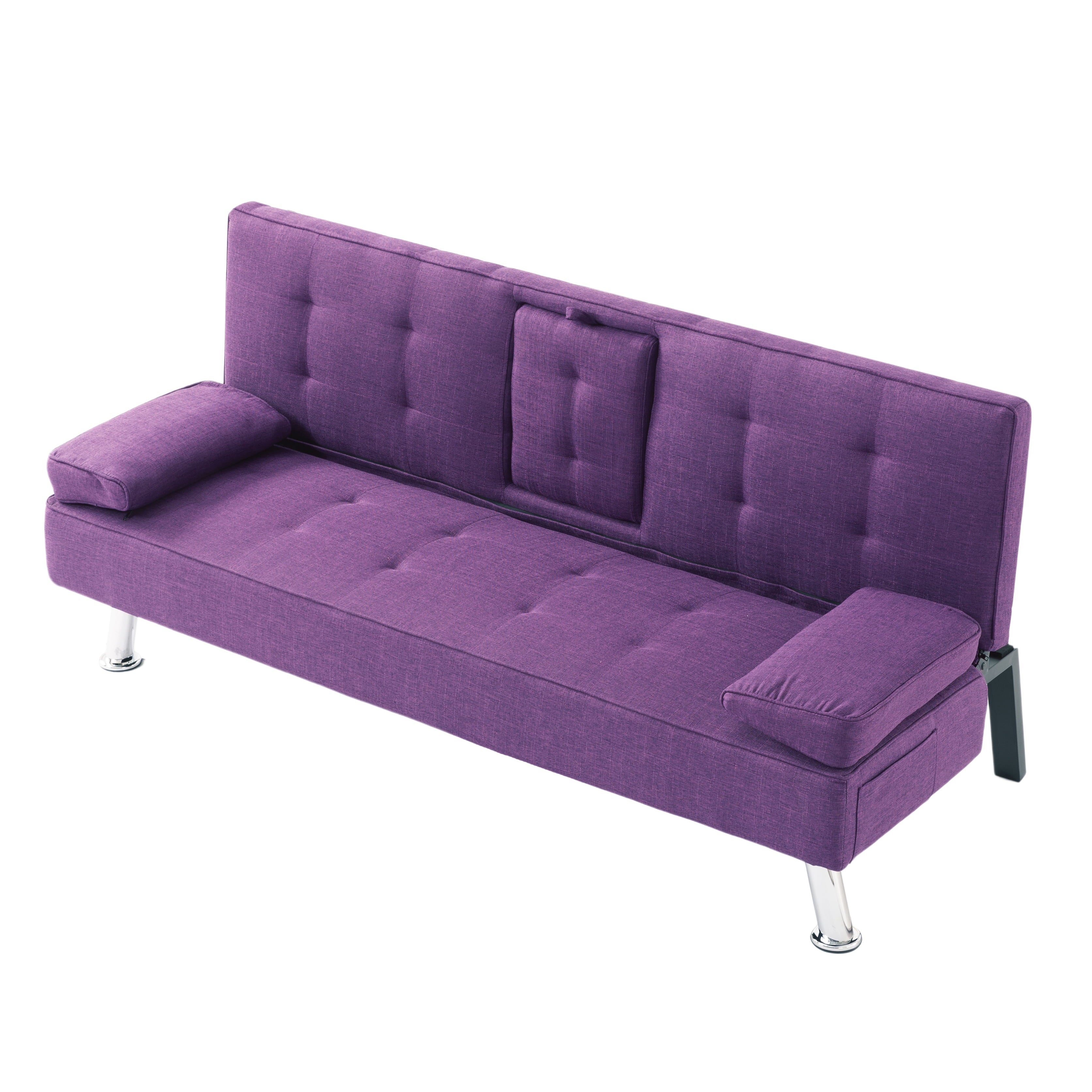 BSHTI 65 Modern Velvet Futon Sofa Bed with Drop Down Cup Holders, 3-Position Adjustable Backrest, Removable Arm Cushions, Chrome Legs for Living Room & Guest Room Black