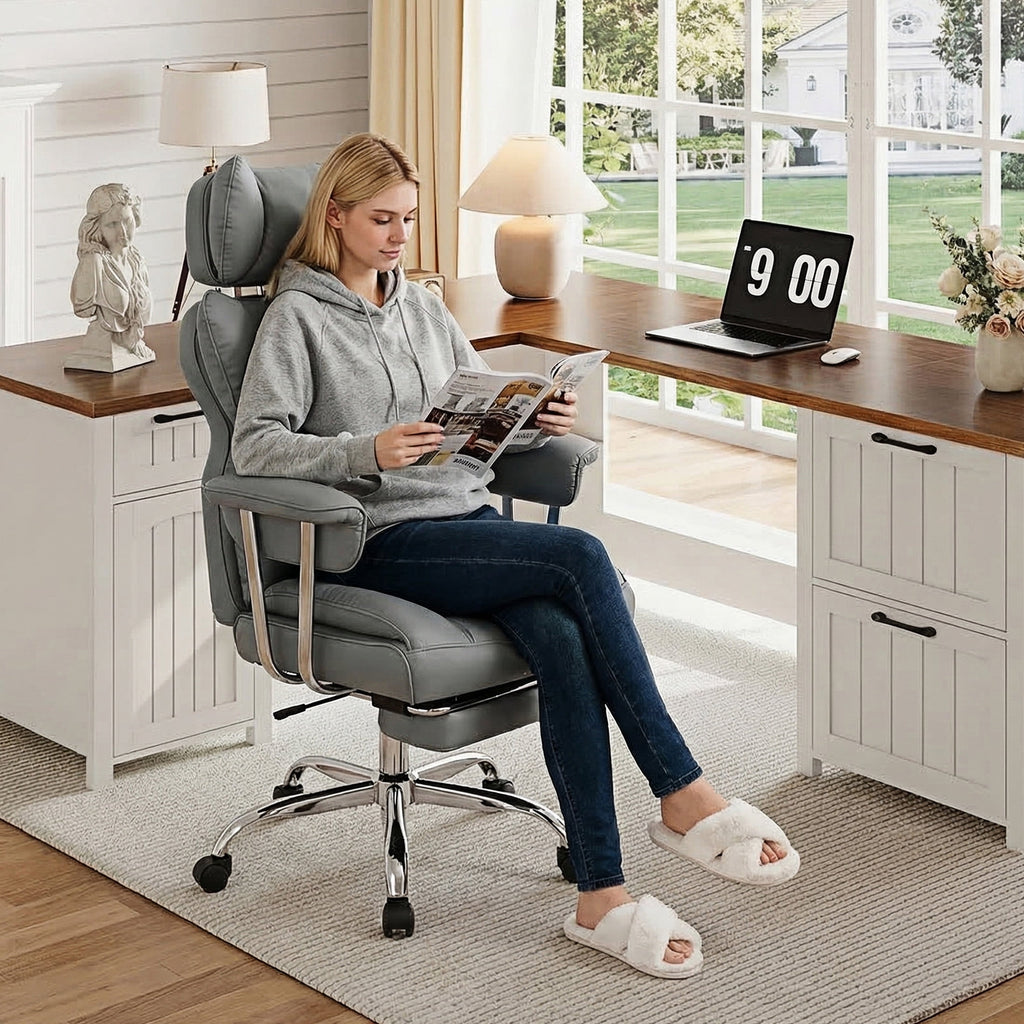 edx Executive Home Office Desk Chair, Ergonomic Big Tall High Back with Footrest & Lumbar Support, Reclining Comfy PU Leather Computer Gaming Chair with Swivel Wheels, Height Adjustable, Black