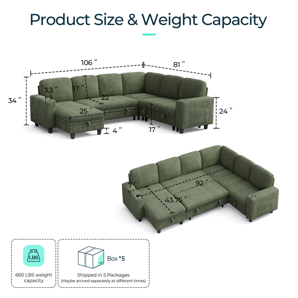 LINSY HOME L Shaped Sectional Couches for Living Room, Sleeper Sofa Bed with Reversible Storage Chaise, Pull Out Couch Bed with USB, Cup Holder, Black