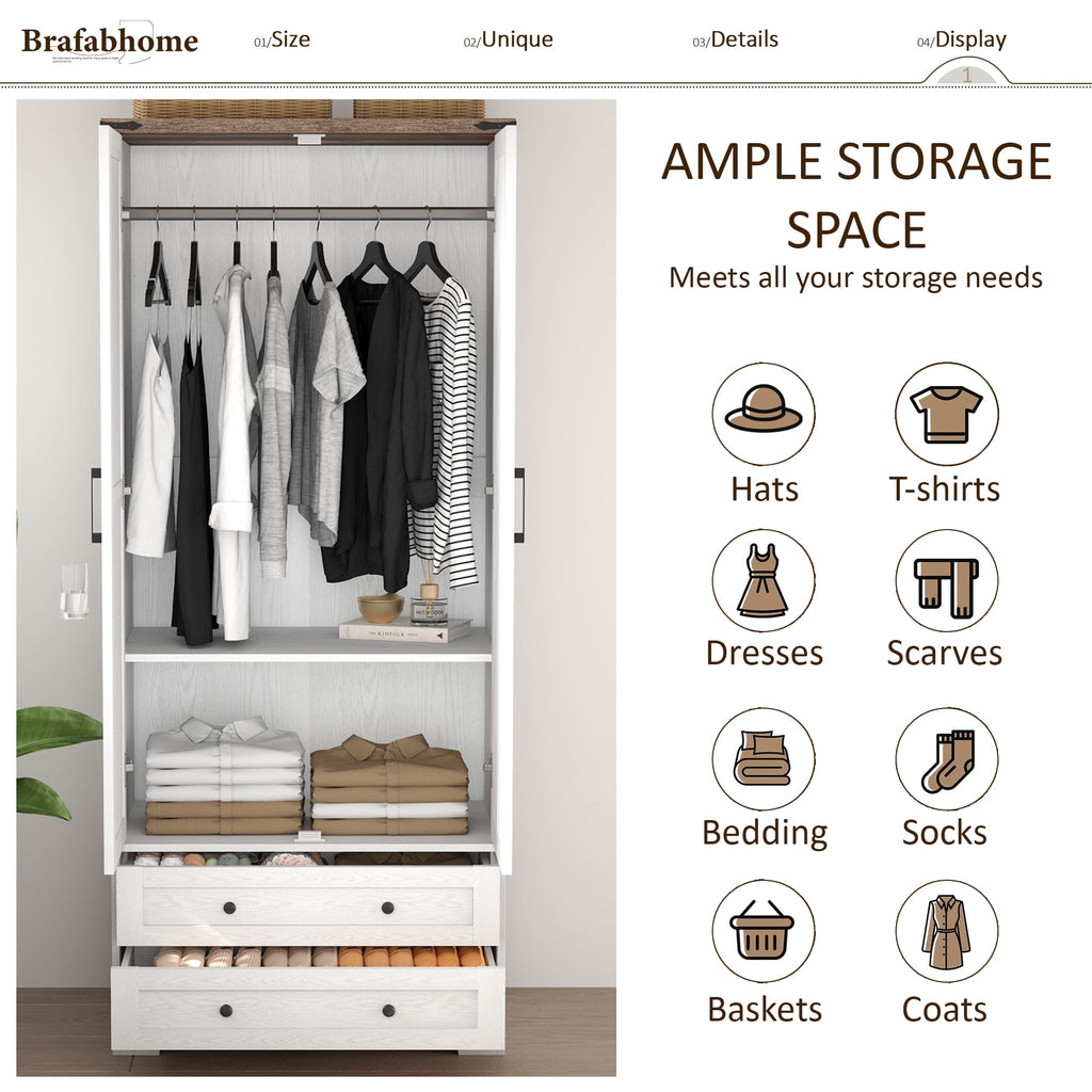 Brafabhome 71H Armoire Wardrobe Closet with 2 Drawers, Farmhouse 2 Doors Armoire Cabinet with Hanging Rod, Modern Freestanding Wardrobe Clothes Cabinet for Bedroom | Gray