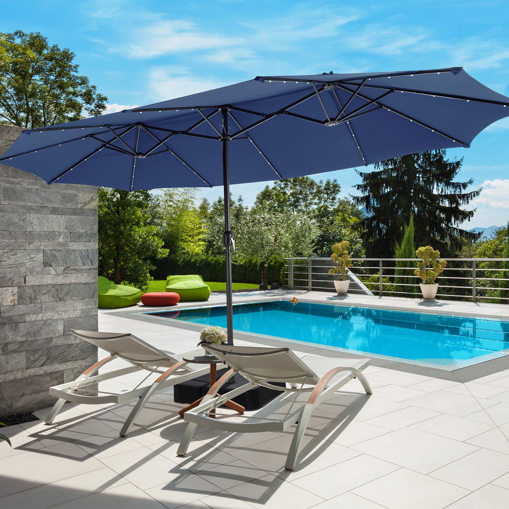 Gymax Outdoor 15' Double-Sided Patio Umbrella 48 Solar LED Lights Crank & Base Coffee