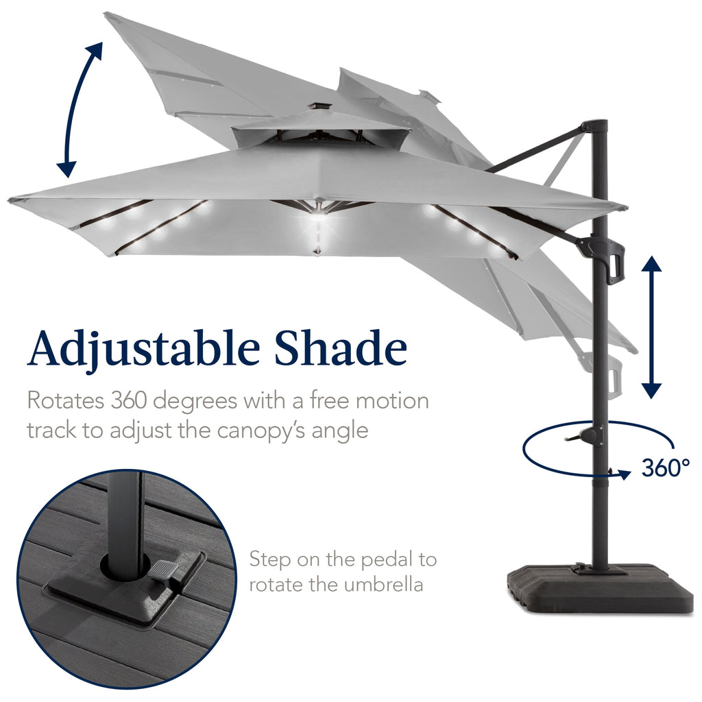 Best Choice Products 12x12ft 2-Tier Square Outdoor Solar LED Cantilever Umbrella w/ 360-Rotating Base   Gray