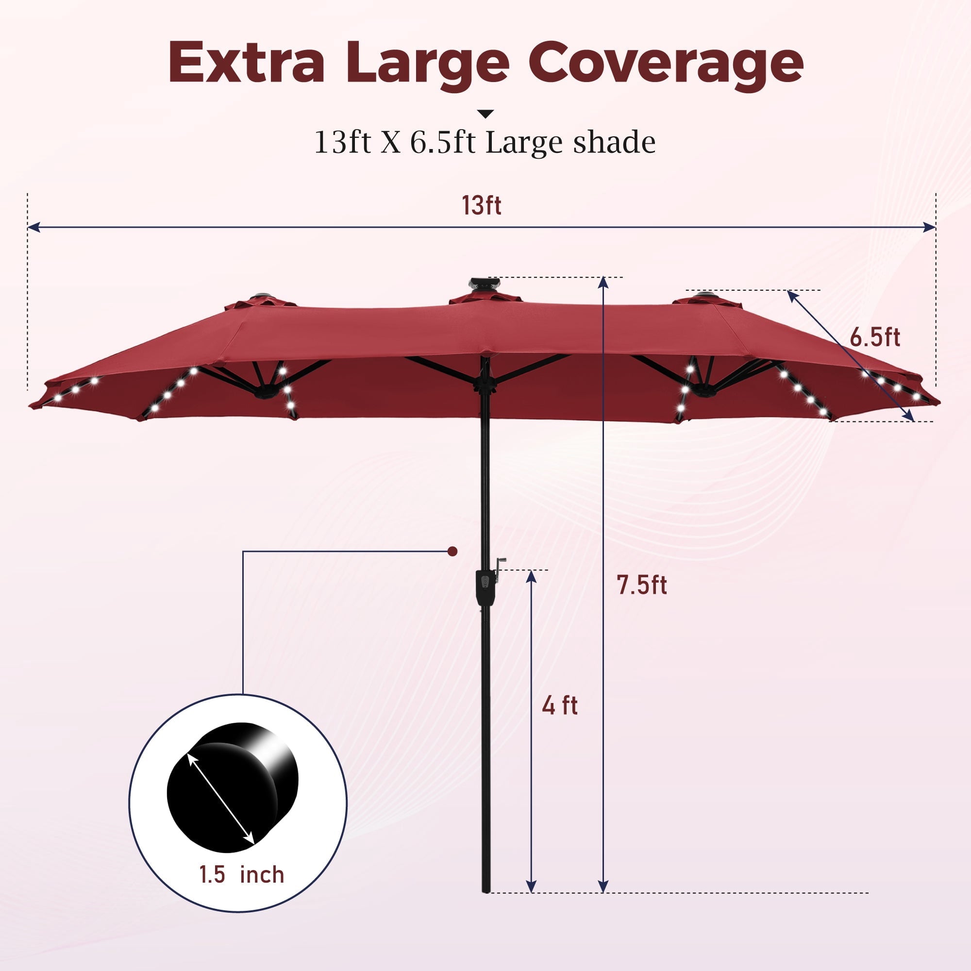 Alpha Joy 13ft Large Double-Sided Outdoor Patio Umbrella with Colorful Solar Lights, Navy Blue