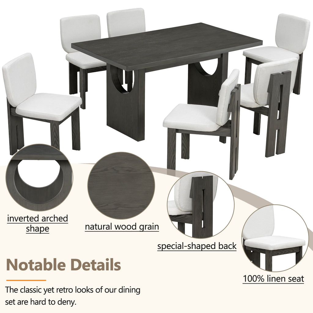 Euroco 7-Piece Dining Table Set for 6, 59 Kitchen Table Set with 6 Upholstered Chairs and Wooden Frame,Retro Dining Set for Kitchen Dining Room, Natural