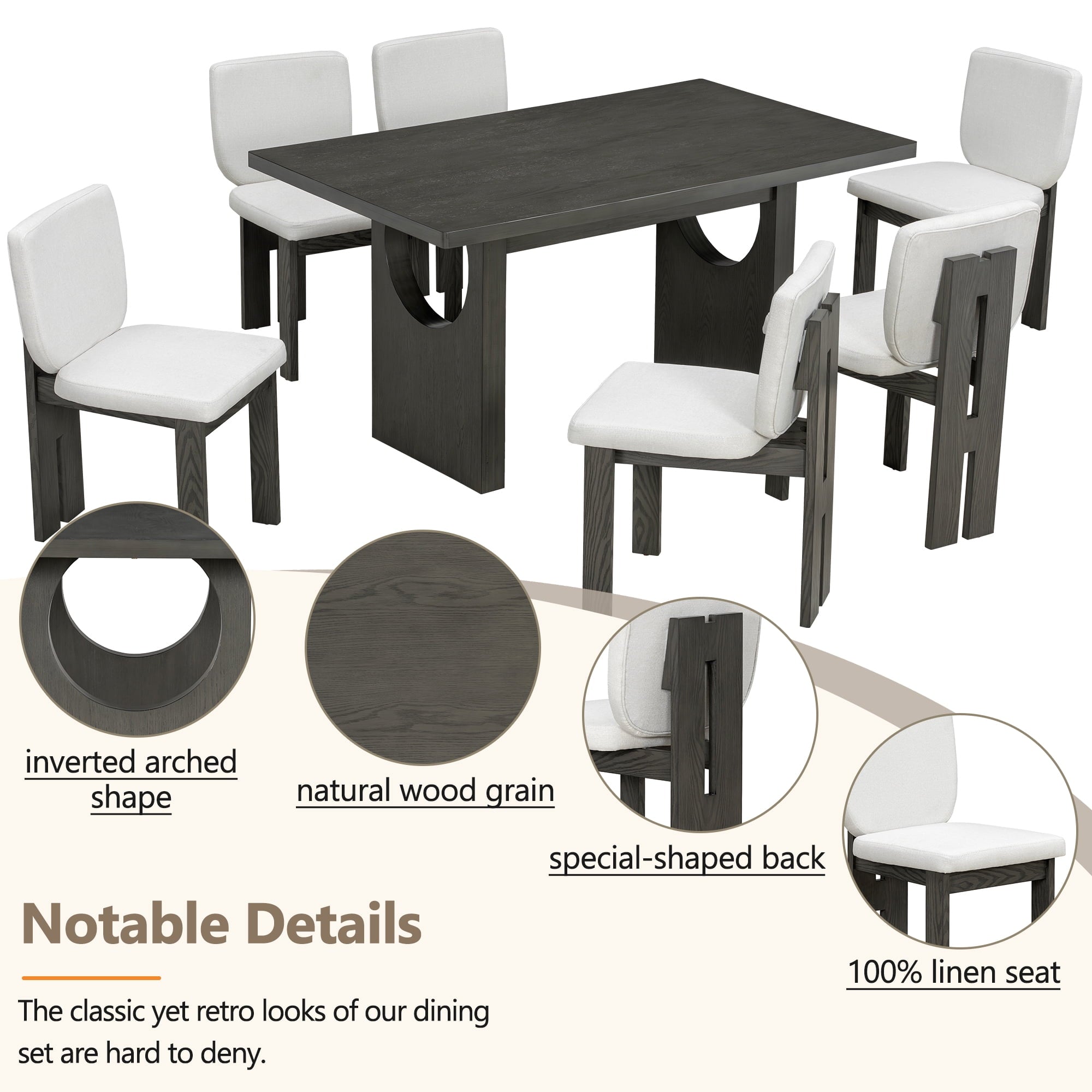 Euroco 7-Piece Dining Table Set for 6, 59 Kitchen Table Set with 6 Upholstered Chairs and Wooden Frame,Retro Dining Set for Kitchen Dining Room, Natural