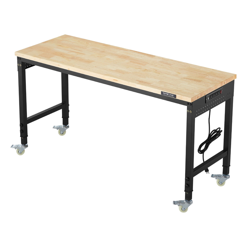 VEVOR 60-Inch Adjustable Workbench, 2000 lbs Load, Work Bench with Power Outlet, Wheels, and Pegboard, Heavy Duty Oak Wood Top Work Table for Garage, Workshop, Office, and Home
