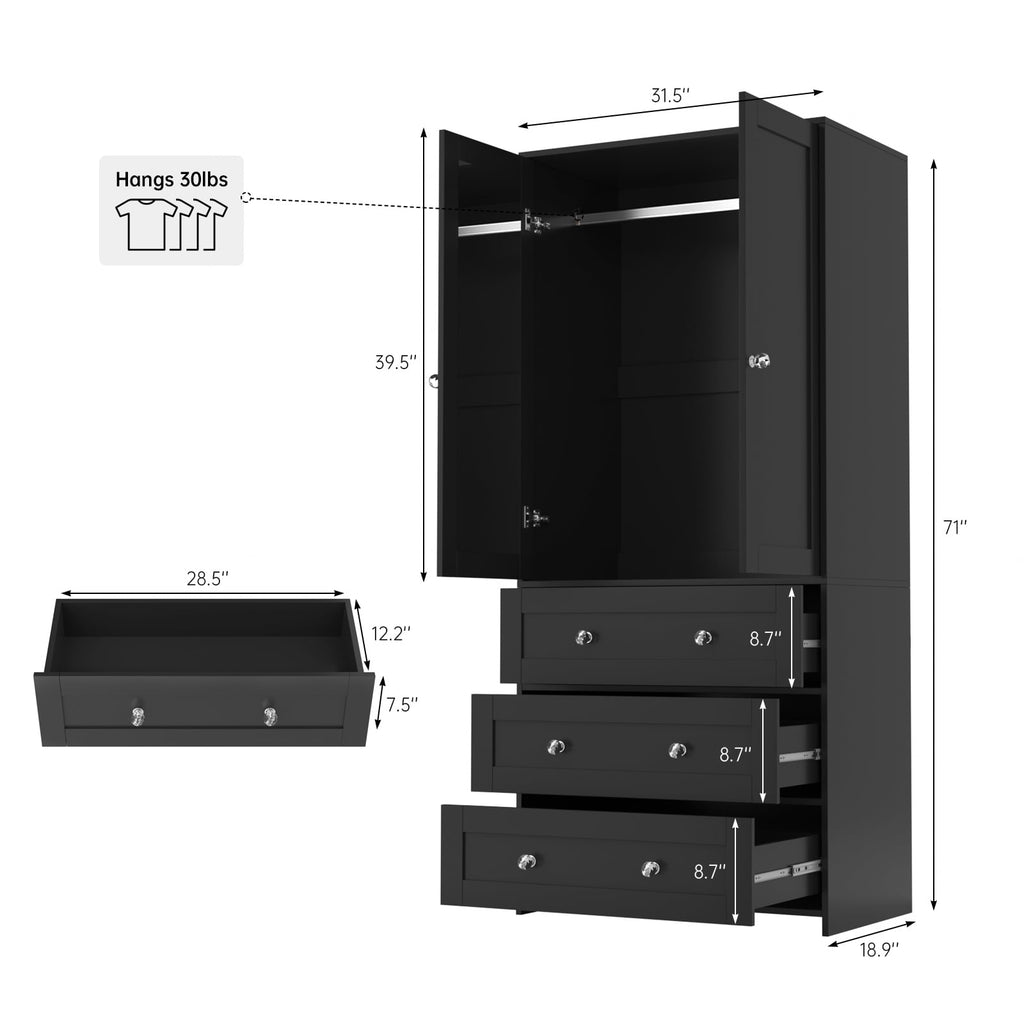 Richya Wooden Freestanding Wardrobe Closet Cabinet with 3 Drawers,Modern Wood Closet Storage Cabinet for Bedroom