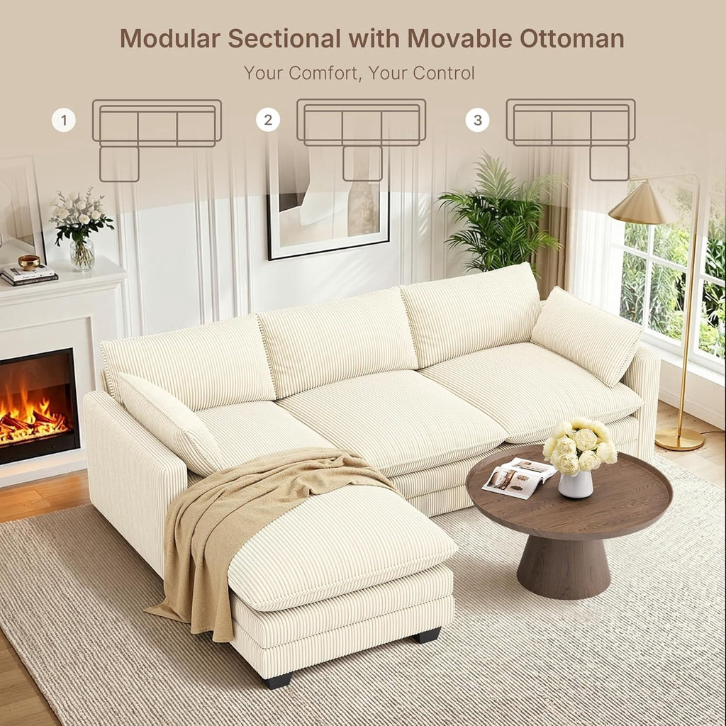 Noelse 110'' Oversized L Shaped Couch for Living Room, Cloud Couches with Washable Corduroy Cover, Modern 4-Seater Comfy Deep-Seat Sofa with Movable Ottoman and 2 Throw Pillows for Apartment, Beige