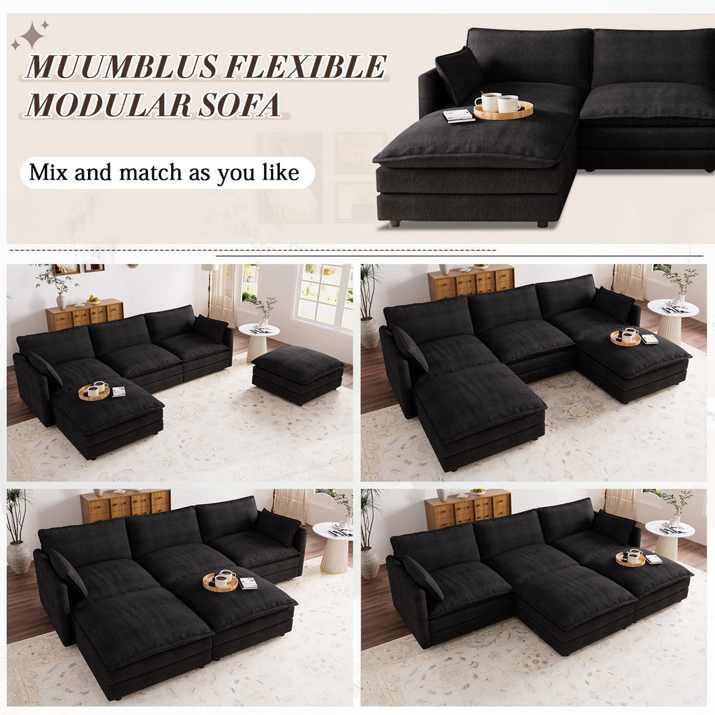 Muumblus Sectional Sofa Cloud Couch with Reversible Ottoman, L-Shaped Chenille Sofa for Living Rooms, Beige