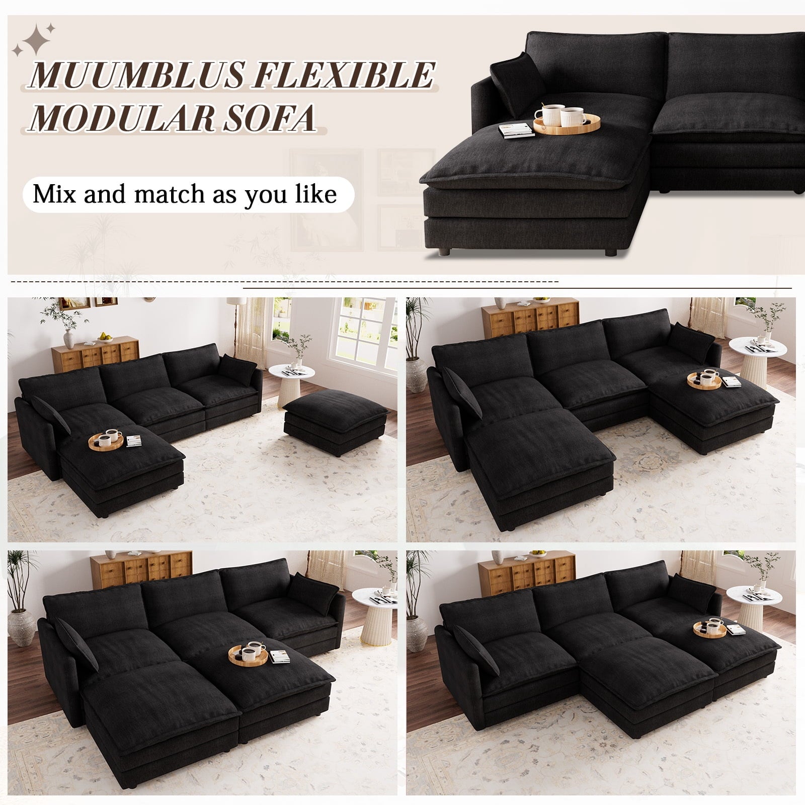 Muumblus Sectional Sofa Cloud Couch with Reversible Ottoman, L-Shaped Chenille Sofa for Living Rooms, Beige