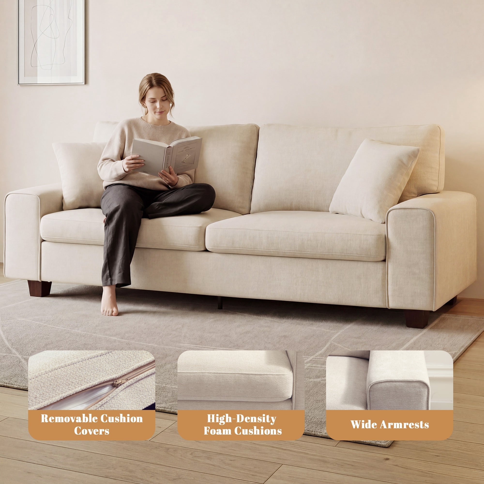 Poshby 88.58''W 3 Seater Sofa Couch with Chenille, Modern Square Arm for Living Room, Light Gray