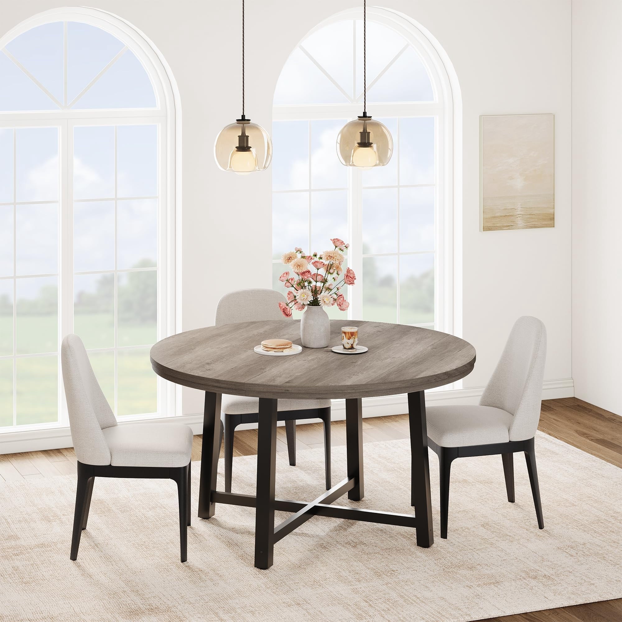31.5 Round Dining Table for 4 People, Modern Wood Circle Kitchen Table with Sturdy Industrial Metal Frame, Small Space Saving Dining Room Table for Apartment & Breakfast Nook, (No Chairs), Walnut