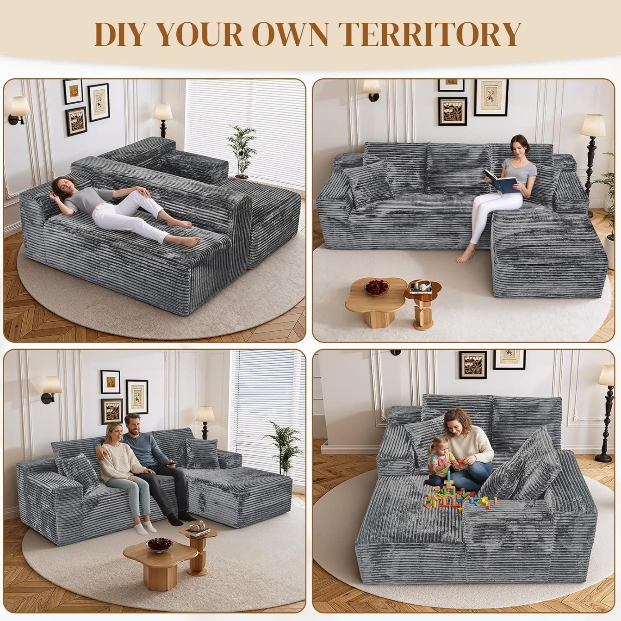 LLappuil 108 Sectional Sofa, Modular Sectional Couch with Left Chaise, Deep Seat Corduroy Cloud Sofa for Living Room Black