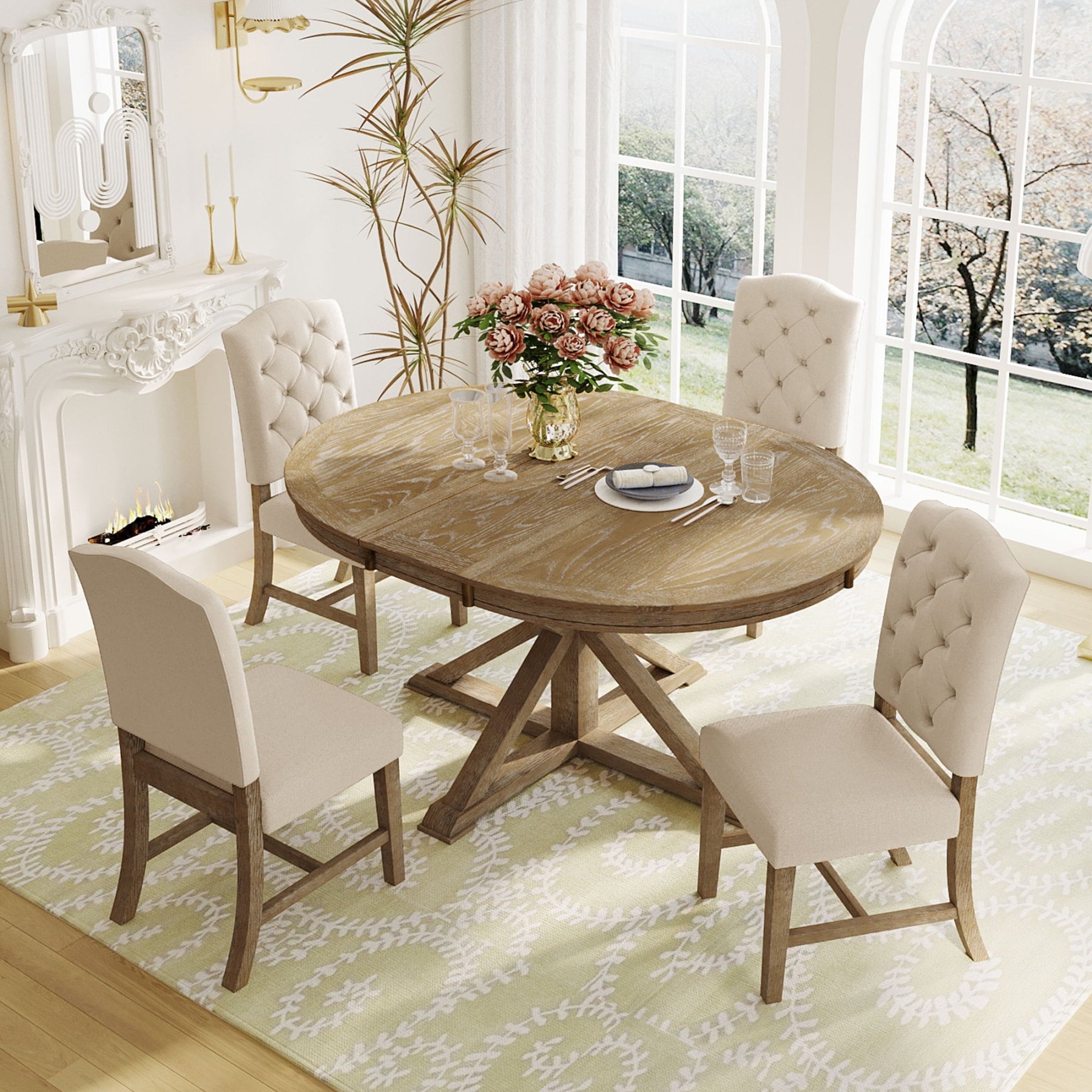 Harper & Bright Designs Extendable Dining Table Set for 4 Upholstered Chairs Functional Retro Style Table for Dining Room Kitchen, Natural Wood Wash
