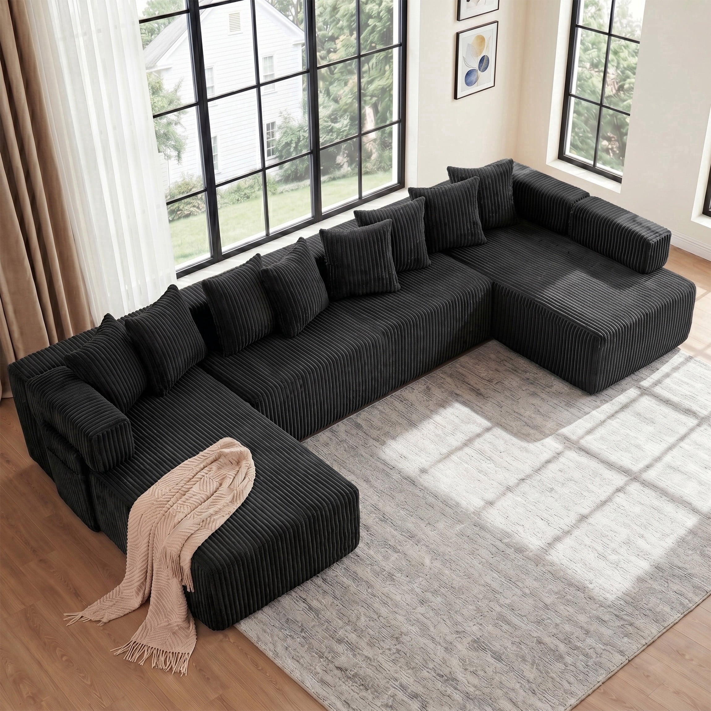 SOULART 138.5 U Shaped Sectional Couch,Gray Cloud Boneless Sofa For Living Room,Plush Corduroy Couches With Deep Seat Chaise Lounge,No Assembly Required
