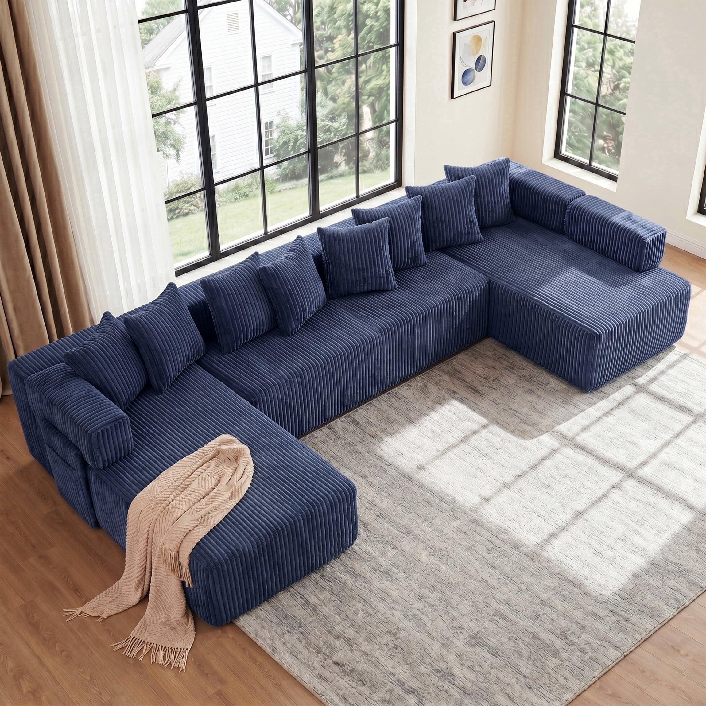 SOULART 138.5 U Shaped Sectional Couch,Gray Cloud Boneless Sofa For Living Room,Plush Corduroy Couches With Deep Seat Chaise Lounge,No Assembly Required