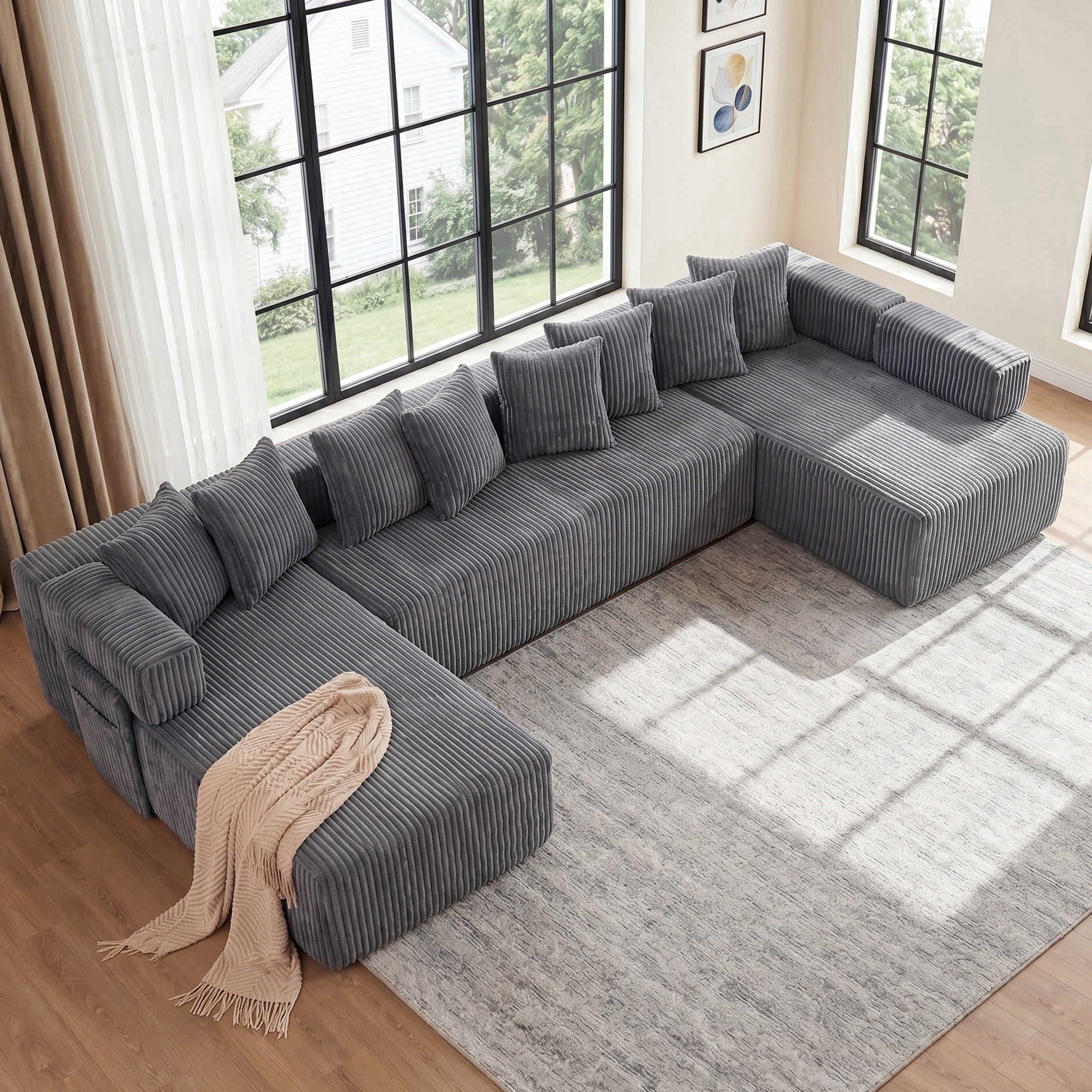 SOULART 138.5 U Shaped Sectional Couch,Gray Cloud Boneless Sofa For Living Room,Plush Corduroy Couches With Deep Seat Chaise Lounge,No Assembly Required