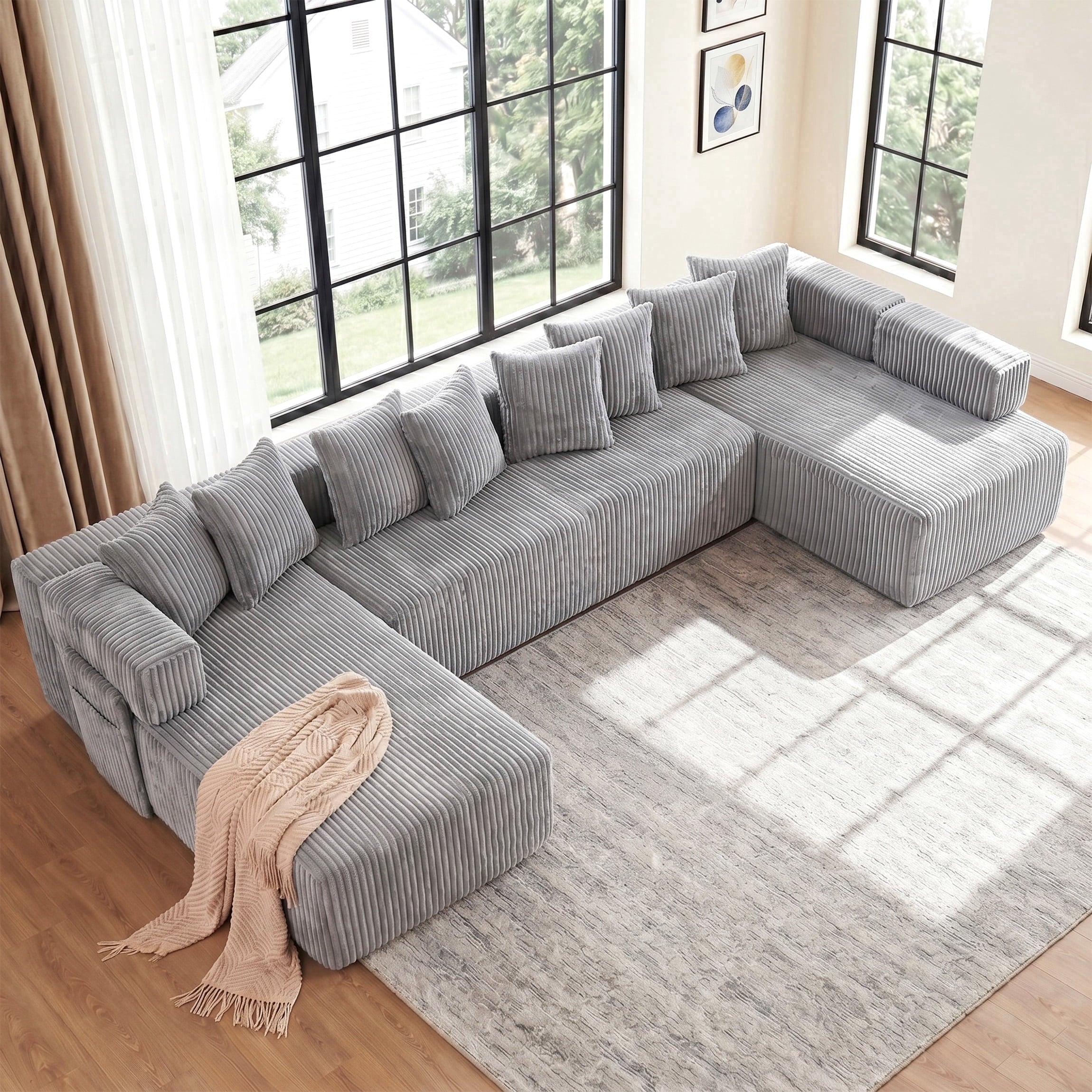 SOULART 138.5 U Shaped Sectional Couch,Gray Cloud Boneless Sofa For Living Room,Plush Corduroy Couches With Deep Seat Chaise Lounge,No Assembly Required