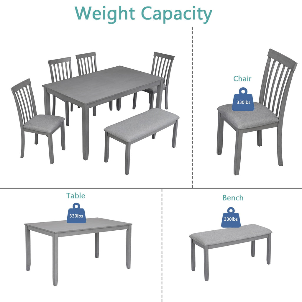 Dining Room Set, LEGAHOME 6 Piece Dining Sets with Bench and Chairs, Solid Wood Kitchen Dining Table Set for 6 with Upholstered Chairs, Gray