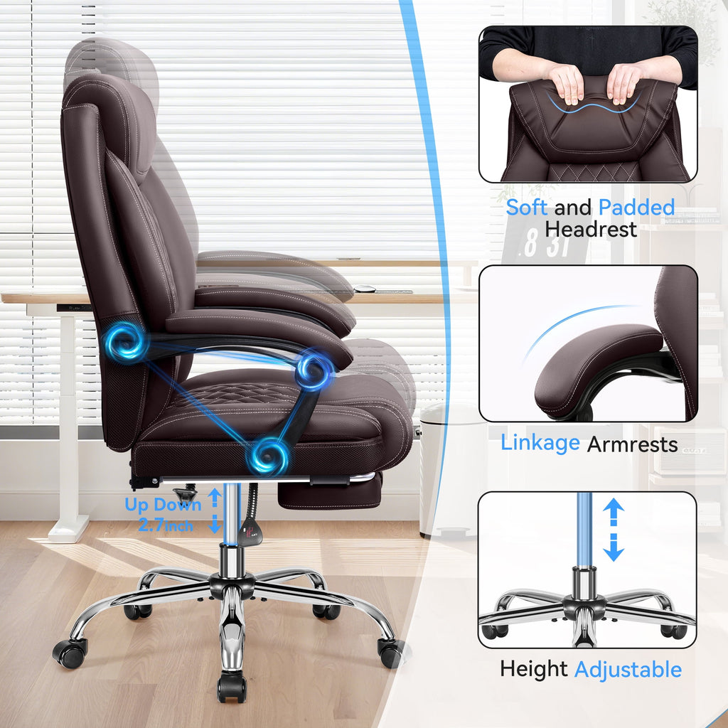 FASTES Ergonomic Office Chair, Big and Tall Leather Desk Chair with Footrest and Lumbar Support, 2-Position Reclining Executive Computer Chair, Black