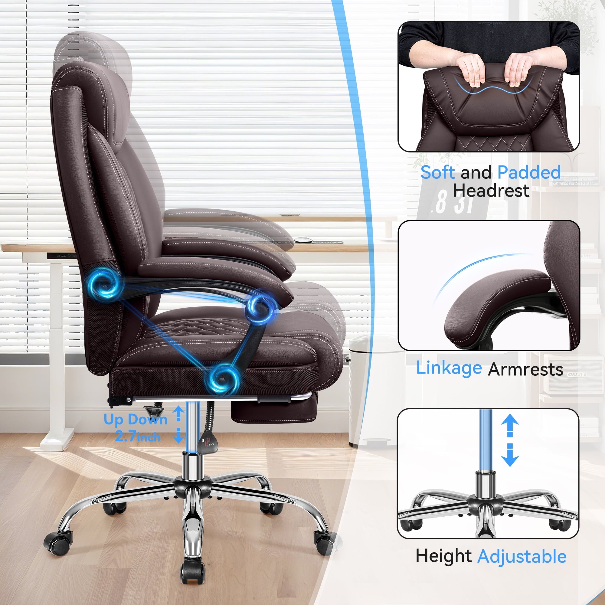 FASTES Ergonomic Office Chair, Big and Tall Leather Desk Chair with Footrest and Lumbar Support, 2-Position Reclining Executive Computer Chair, Black