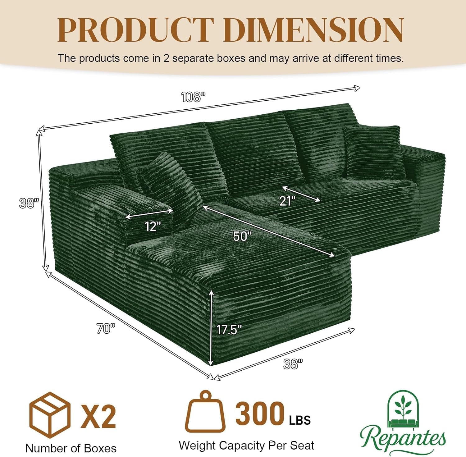 LLappuil 108 Sectional Sofa, Modular Sectional Couch with Left Chaise, Deep Seat Corduroy Cloud Sofa for Living Room Black