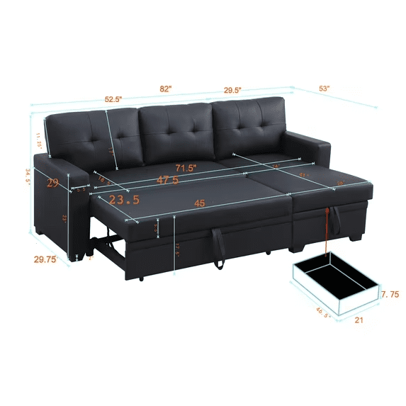 BSHTI L-Shaped Pull-Out Sleeper Sofa Bed with Storage Chaise, 3-Seater Convertible Corduroy Sectional Couch, Solid Wood & Iron Frame, Black