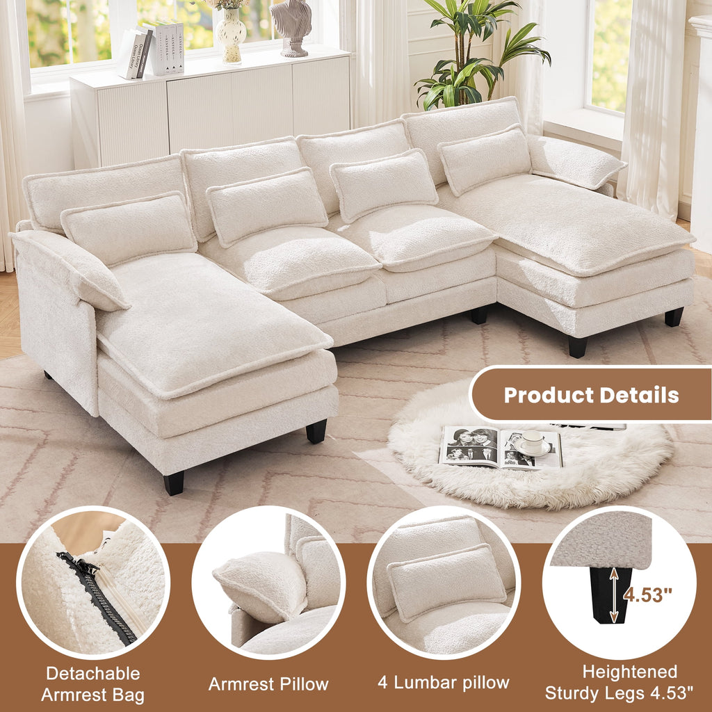 JONPONY109.45 U Shaped Couch,Oversized 4 Seat Sectional with 4 Waist Pillows, Convertible Upholstery Symmetrical Sofá,Sleeper Sofa Couch with Double Chaise Lounge &Memory Foam for Living Room, Beige
