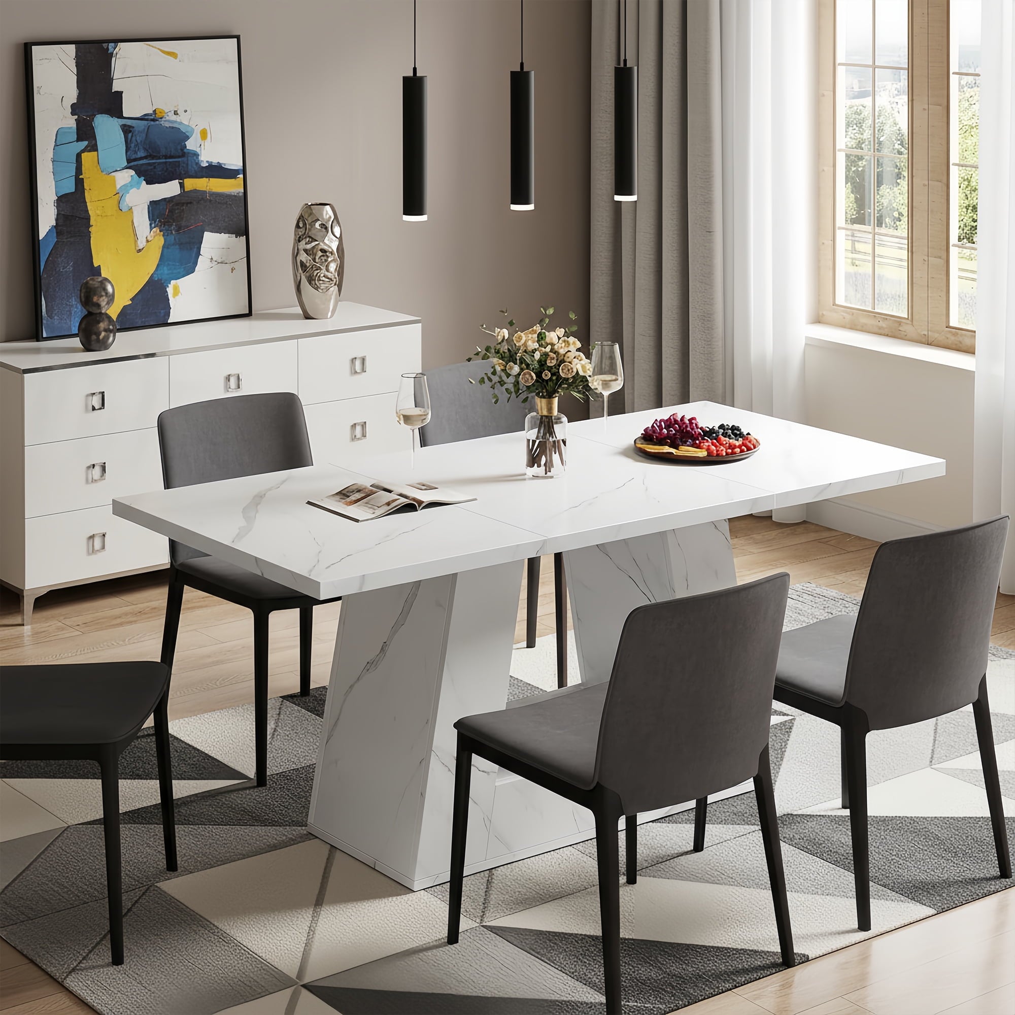 Modern Faux Marble Dining Table, 63 Rectangular 4-6 Seater Wood Table with Sturdy Base, Kitchen Living Room Dinner Table