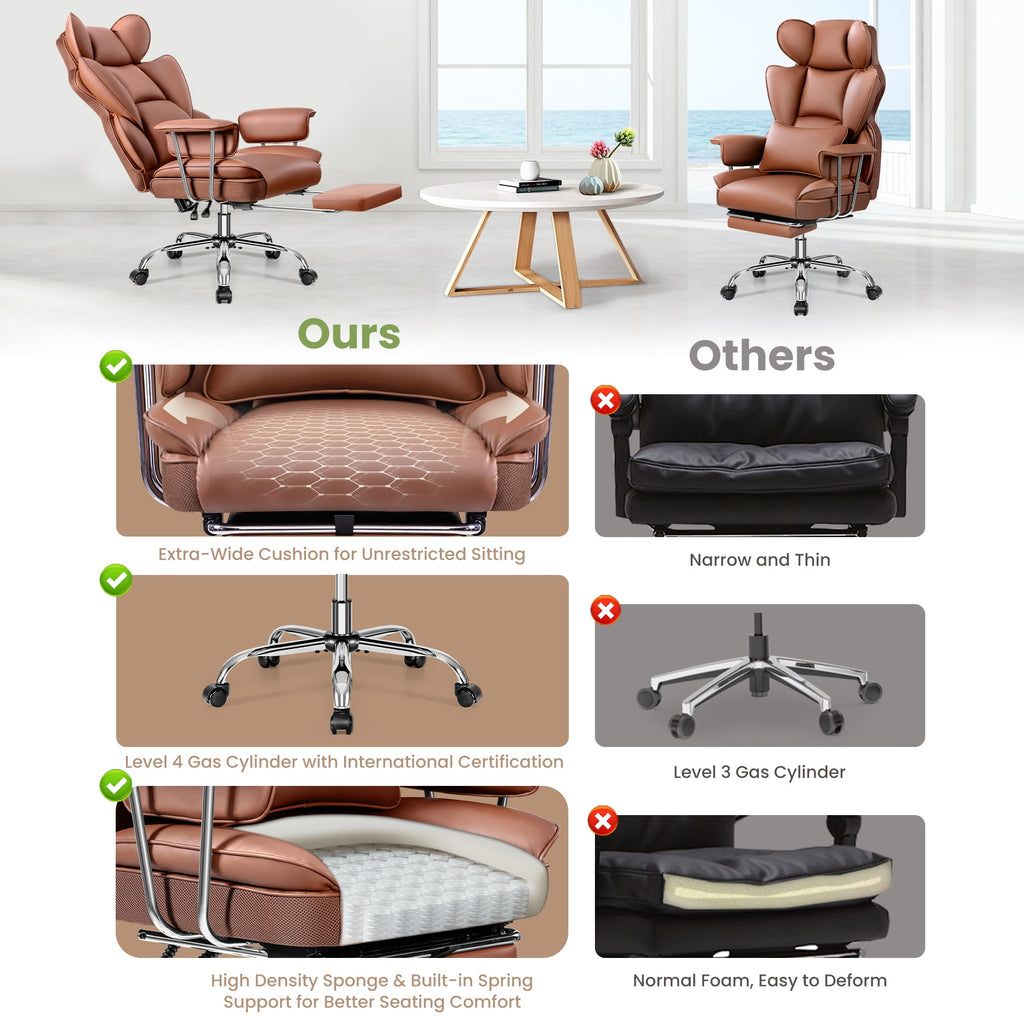 ATHOPE Executive Leather Office Chair 500lbs, Big and Tall Desk Chair with Footrest, High Back Ergonomic Reclining Computer Chair, High-Density Foam, Heavy Duty Swivel Rolling Chair, Black