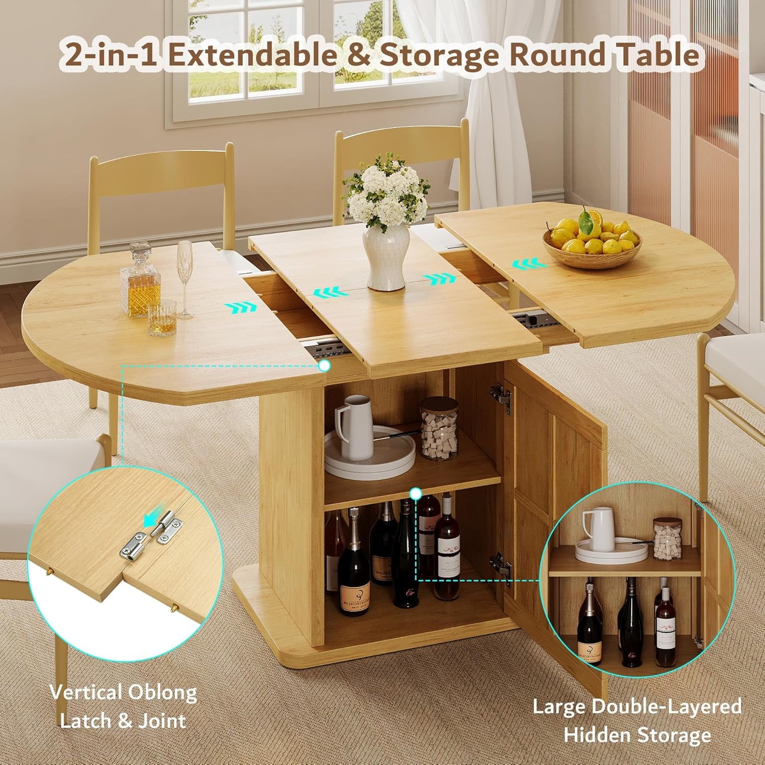 iPormis Extendable Round Dining Table for 4-6, 59'' Modern Kitchen Table with 2-Tier Storage Shelf, Wood Door, MDF Board, Space Saving Oval Dinner with Sturdy Pedestal Base, Kitchen, Dining,Walnut