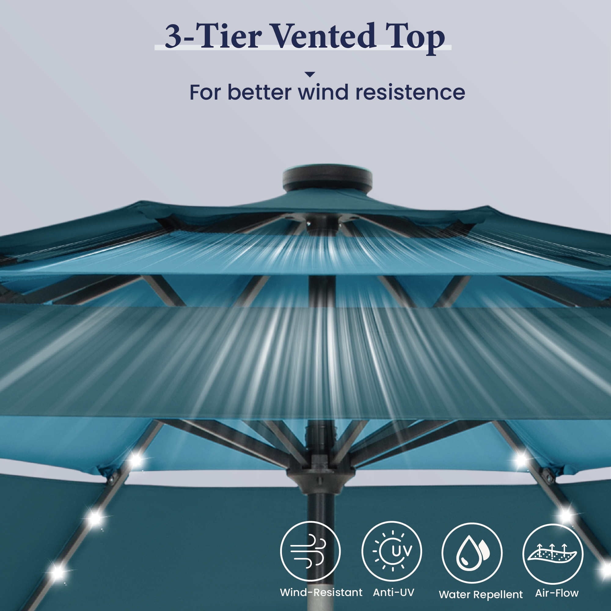 Summit Living 10ft Patio Umbrella with Solar Lights 3-Tier Vented Outdoor Market Umbrella with Auto-Tilt – Beige