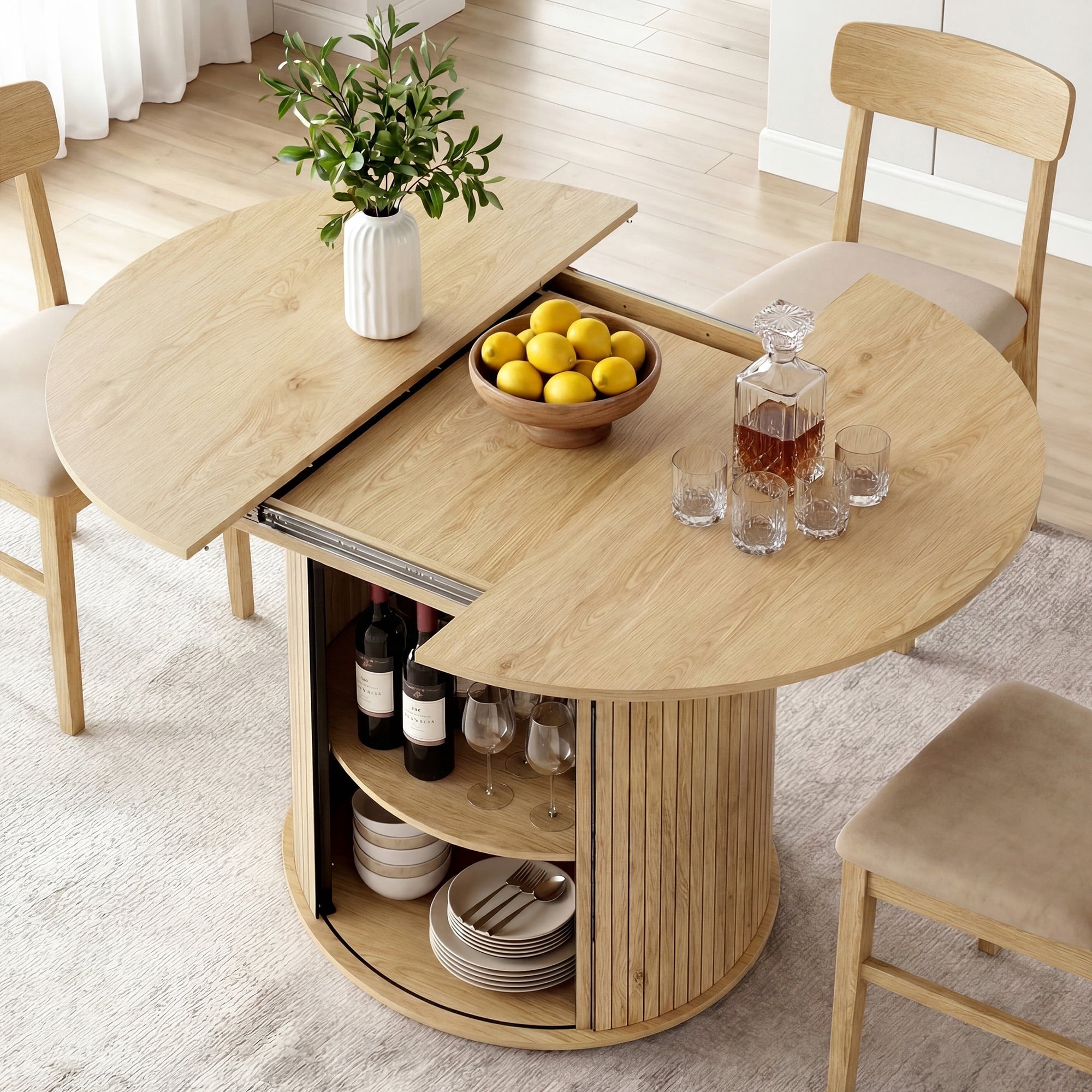 EOP 47″- 63″ Extendable Round Dining Table for 4-6, Wooden Kitchen Table with Hidden Storage and Fluted Sliding Door Cabinet, Modern Space-Saving Table for Dining Room Kitchen, Walnut