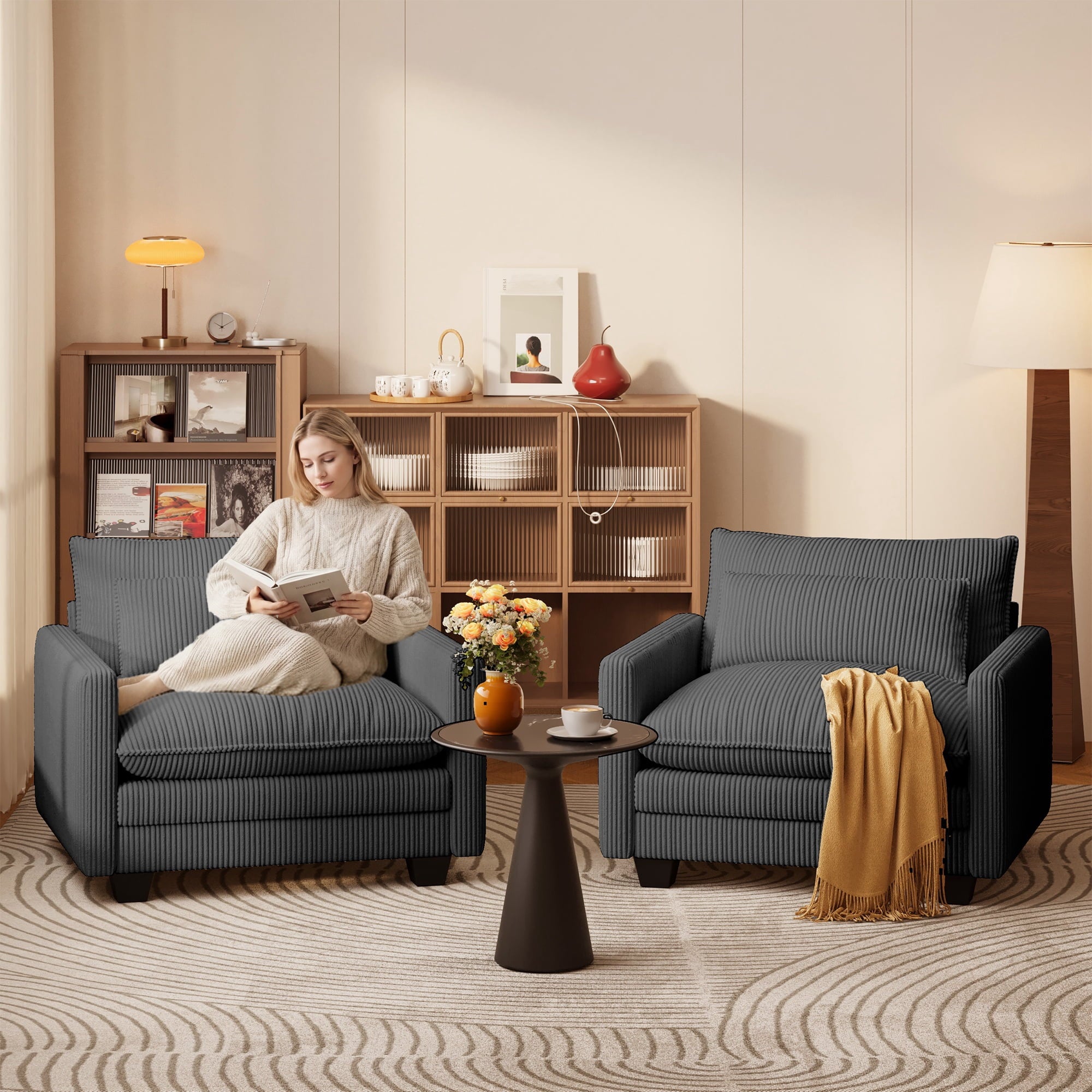 Asofer 31 Cloud Accent Sofa With Washable Cover, Single Corduroy Chair with Deep Seat Upholstered Cushion for Apartment,Dark gray