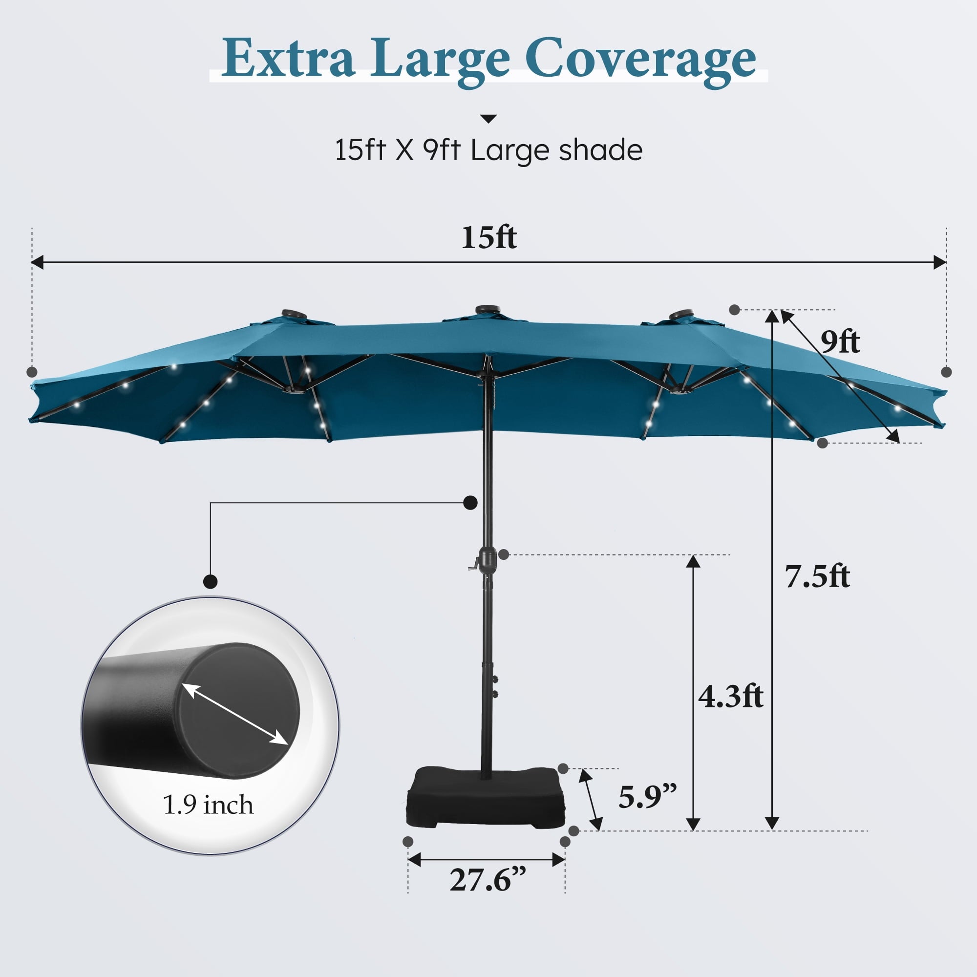SUMMIT LIVING 15ft Double-Sided Solar Patio Umbrella with Base (Included) Large Outdoor Umbrella with Solar Lights - Beige