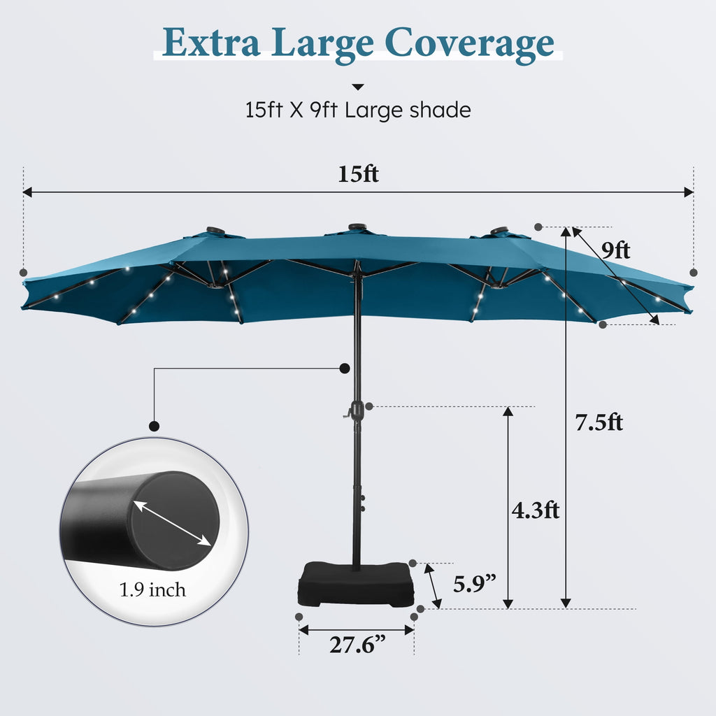 SUMMIT LIVING 15 FT Double-Sided Solar Patio Umbrella with Base Large Outdoor Umbrella with LED Solar Lights - Haze Blue