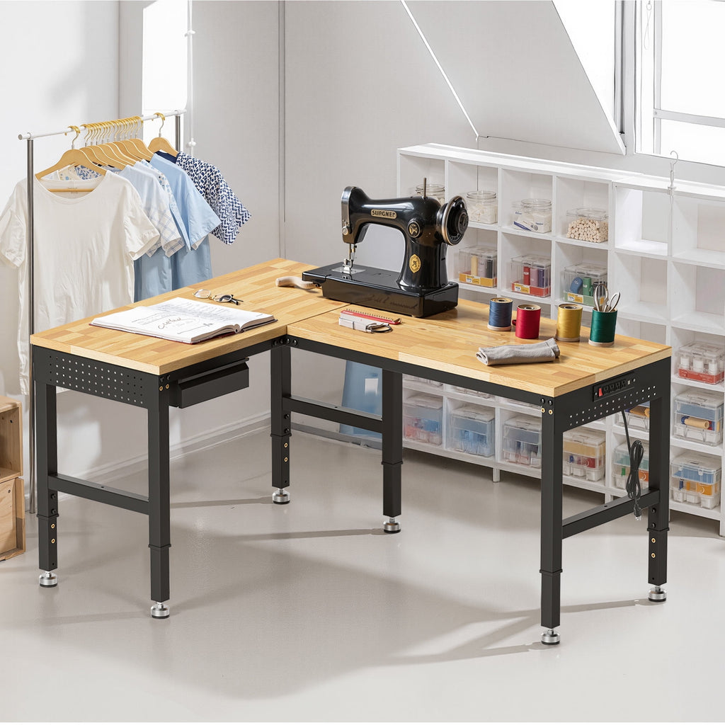 MUWOOD 96-inch L-Shaped Heavy-Duty Workbench with Adjustable Height, Wood Worktop, 5000 LBS Load Capacity for Garage, Workshop