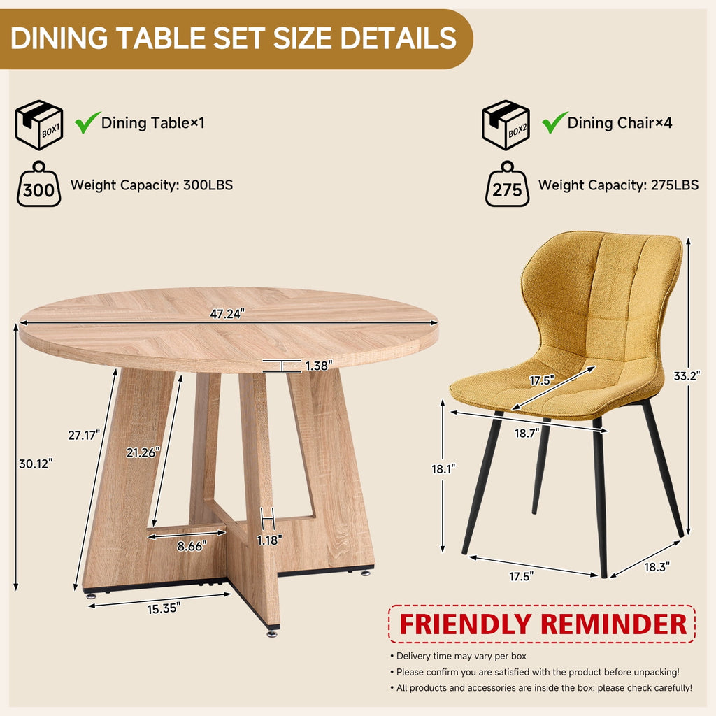 47 Round Dining Table Set for 4 Mid-Century Modern Kitchen Table with 4 Upholstered Chairs Kitchen Coffee Set Dining Table and Chairs for Living Room(Natural Table with 4 Beige Chairs)