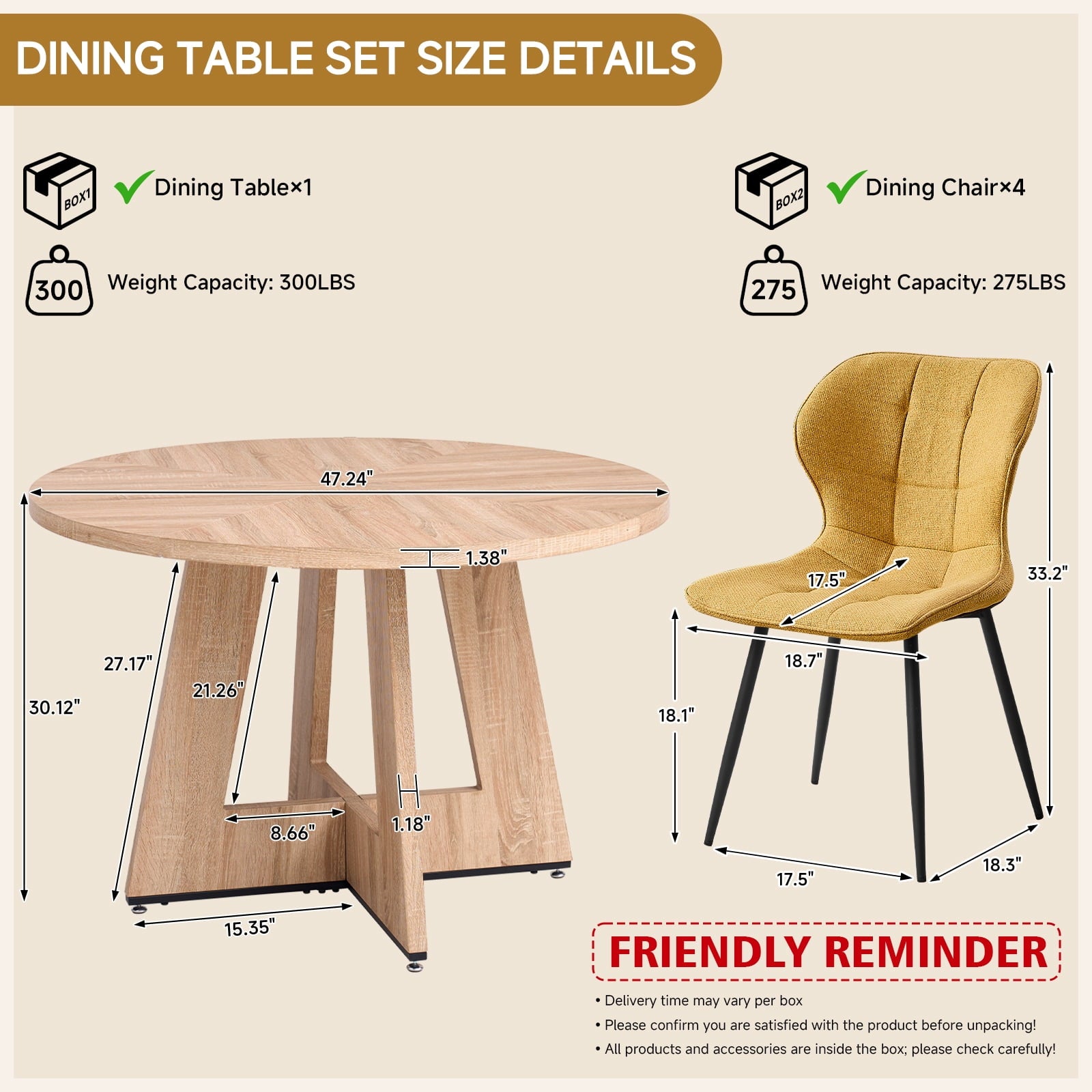 47 Round Dining Table Set for 4 Mid-Century Modern Kitchen Table with 4 Upholstered Chairs Kitchen Coffee Set Dining Table and Chairs for Living Room(Natural Table with 4 Beige Chairs)