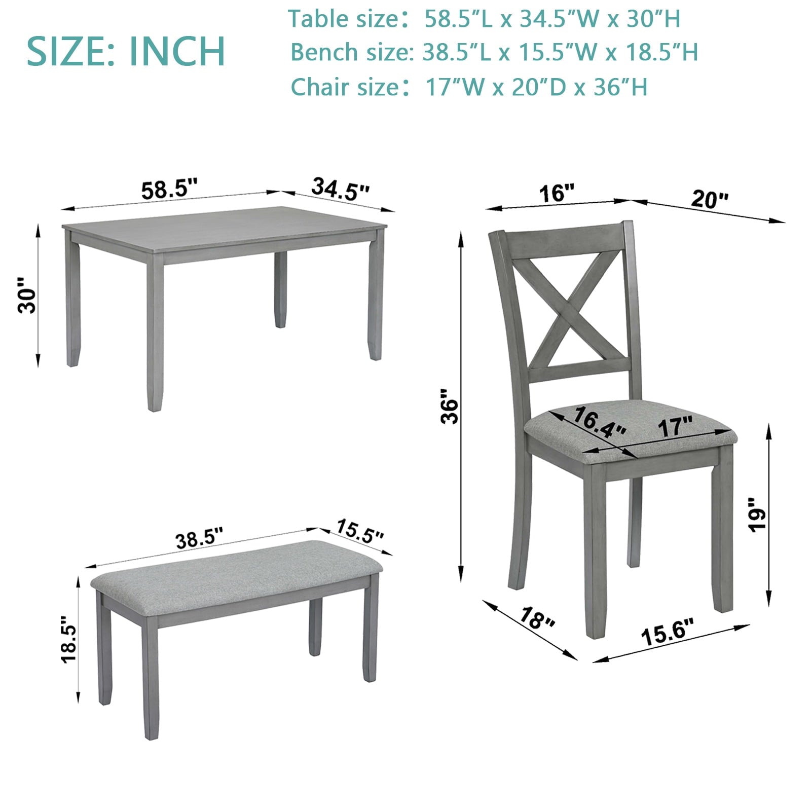 Dining Room Set, LEGAHOME 6 Piece Dining Sets with Bench and Chairs, Solid Wood Kitchen Dining Table Set for 6 with Upholstered Chairs, Gray